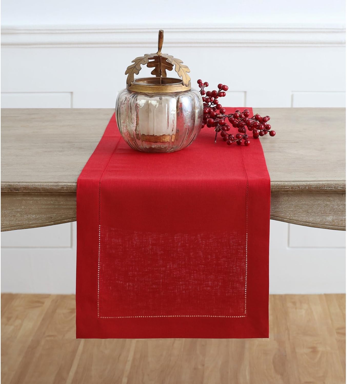 Solino Home Linen Red Table Runner 36 Inches - Classic Hemstitch, 100% Pure Linen Coffee Table Runner 14 x 36 Inch Ideal for Dresser Tables - Christmas, Holiday