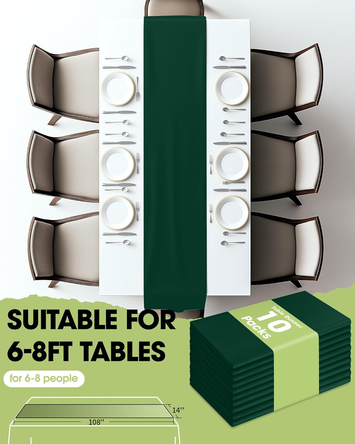 Pureegg Emerald Green Plastic Table Runners - 10 Pack, 14'' x 108'', Water Resistant & Disposable Centerpiece Decorations for Table Cloth, Wedding, Birthday, Holiday, Baby Shower, Party, Home Decor