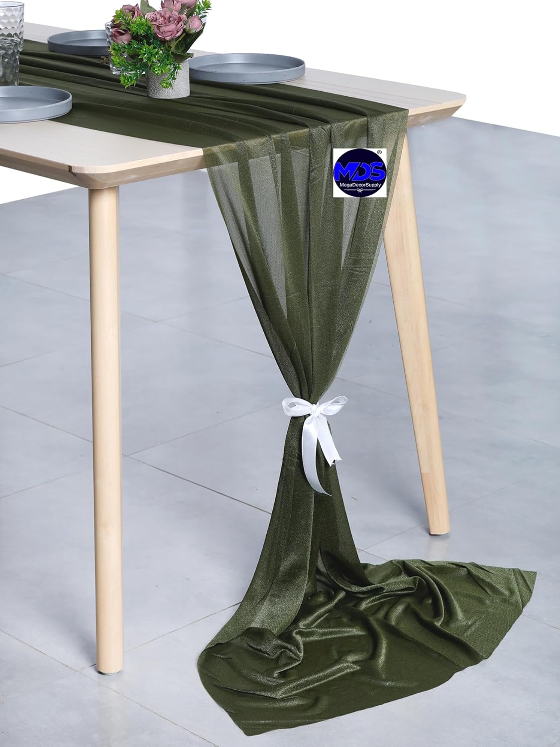 MDS Halloween Chiffon Table Runner - 12 Pack, 29 x 170 Inches, 14ft Each - Sheer Spooky Table Runners for Haunted House Parties, Trick-or-Treat Tables, Witchy Décor, Wedding & Events - Olive Green