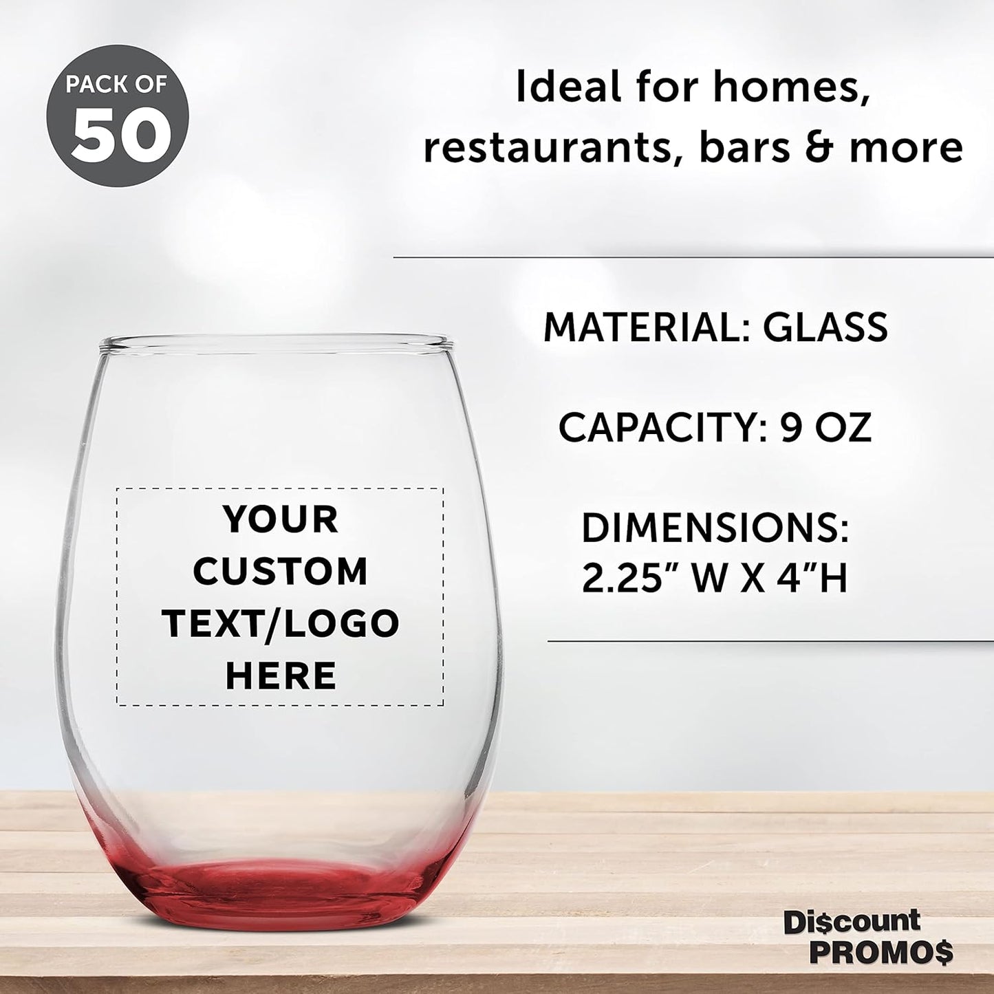 Custom Stemless Wine Glass 9 oz. Set of 50, Personalized Bulk Pack - Great for Wedding Favors, Bachelorette Party Decorations, Party Favors, Color Bottom - Red
