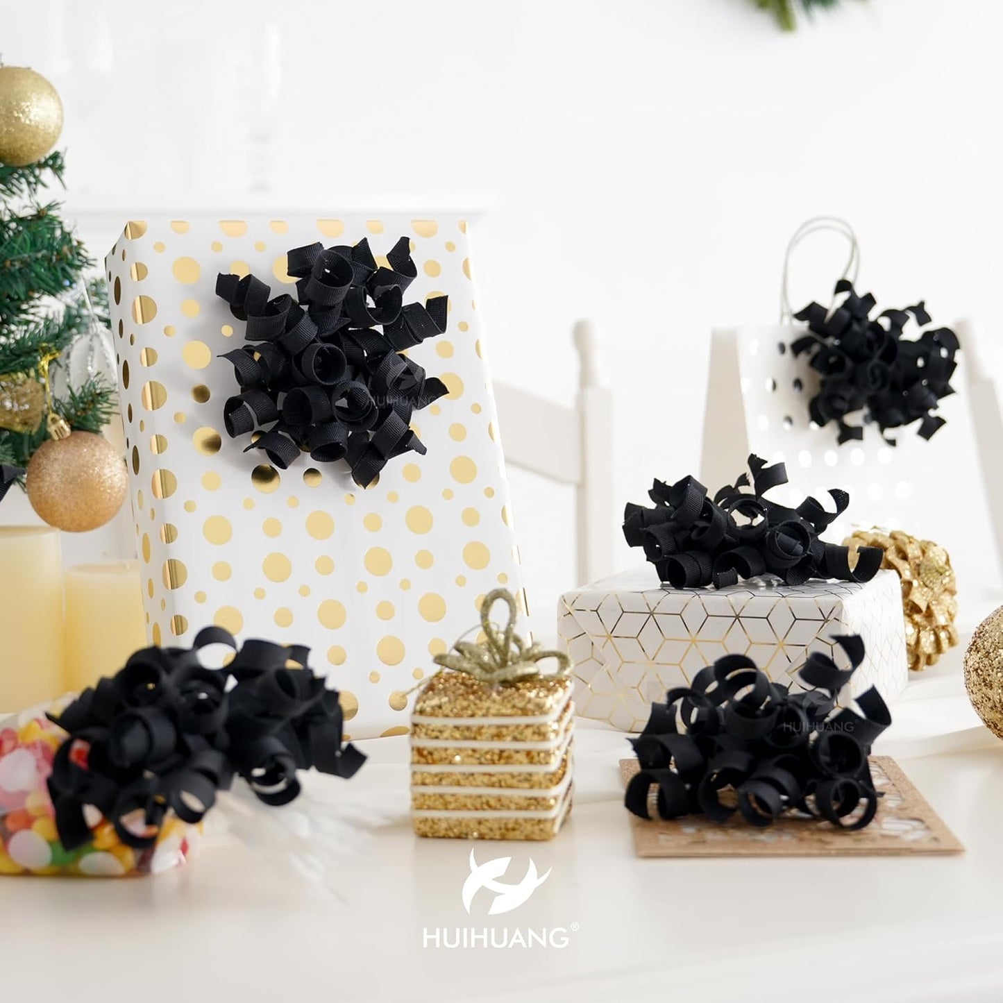 HUIHUANG Black Bows for Gift Wrapping, Black Curly Ribbon Bows Self Adhesive Burst Gift Bow for Christmas Presents, Wine Bottle, Treat Bags, Birthday, Holiday Party Favors - 6 Counts