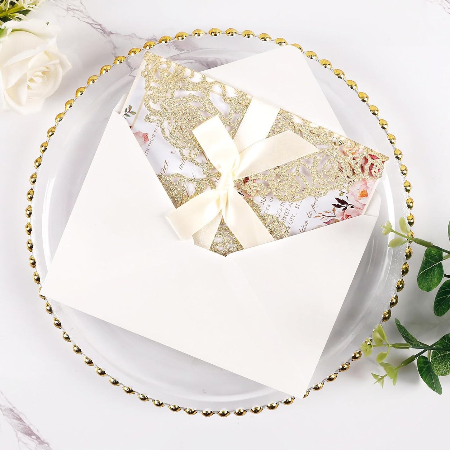 50pcs Gold Glitter Laser Cut Invitation Pockets Rose Personalized Blank Wedding Invitations with Envelopes and Rsvp Cards for Wedding Bridal Shower QuinceañEra Engagement Party Invite