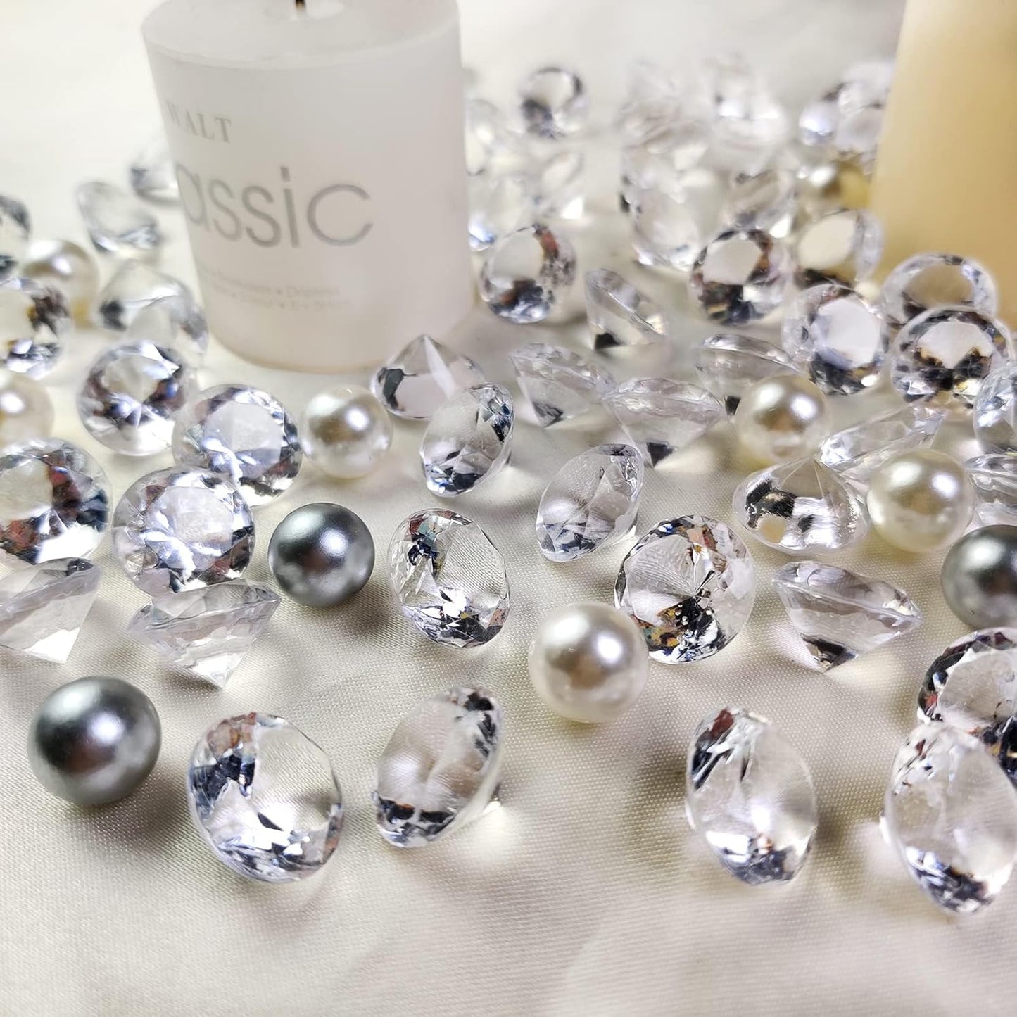 HappyFiller 1075 PCS Floating Pearl Beads,Marbles for Vases Fillers,Wedding Centerpiece,Ivory Faux Pearls Fake Crystal Diamonds and 10g Clear Water Beads,Table Scatters,Party Decoration 14 OZ