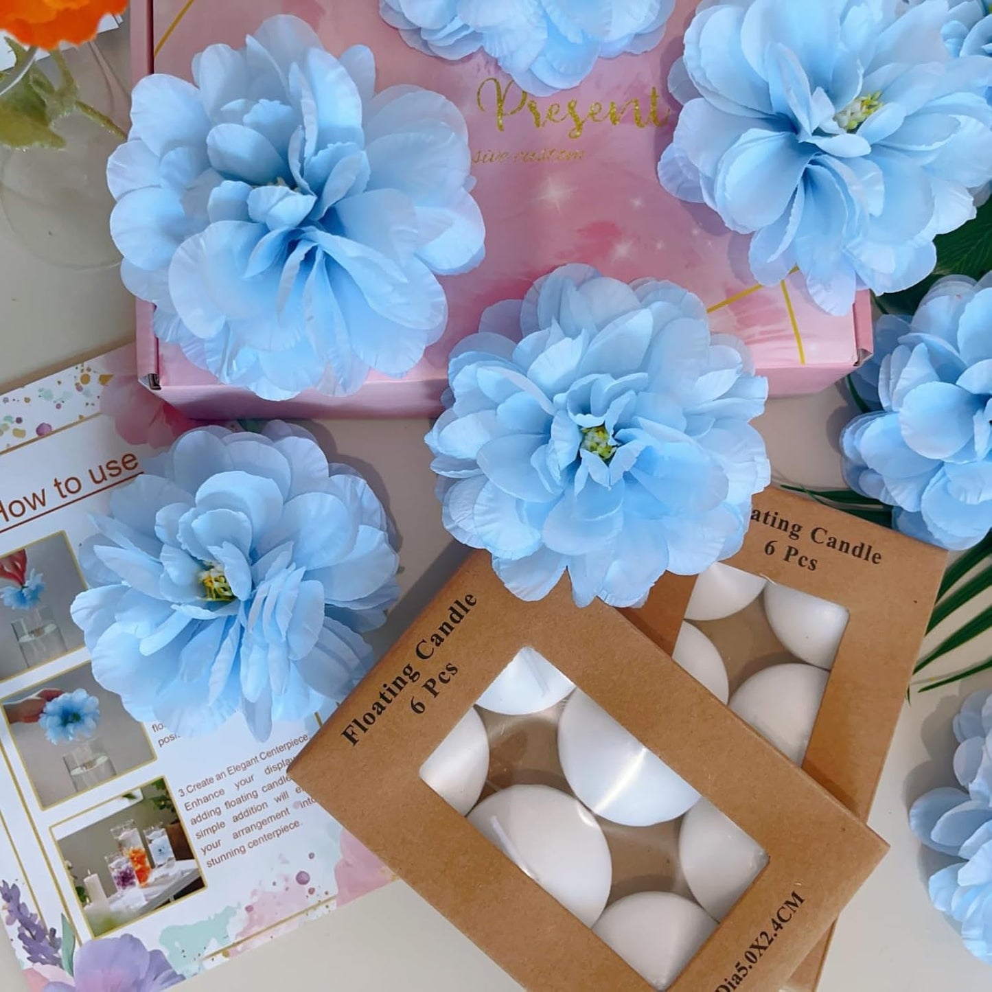 24 Pcs Floating Candles for Centerpieces and Floating Flowers Vase Fillers for Centerpieces Artificial Blue Flowers for Wedding Party Home Table Decoration