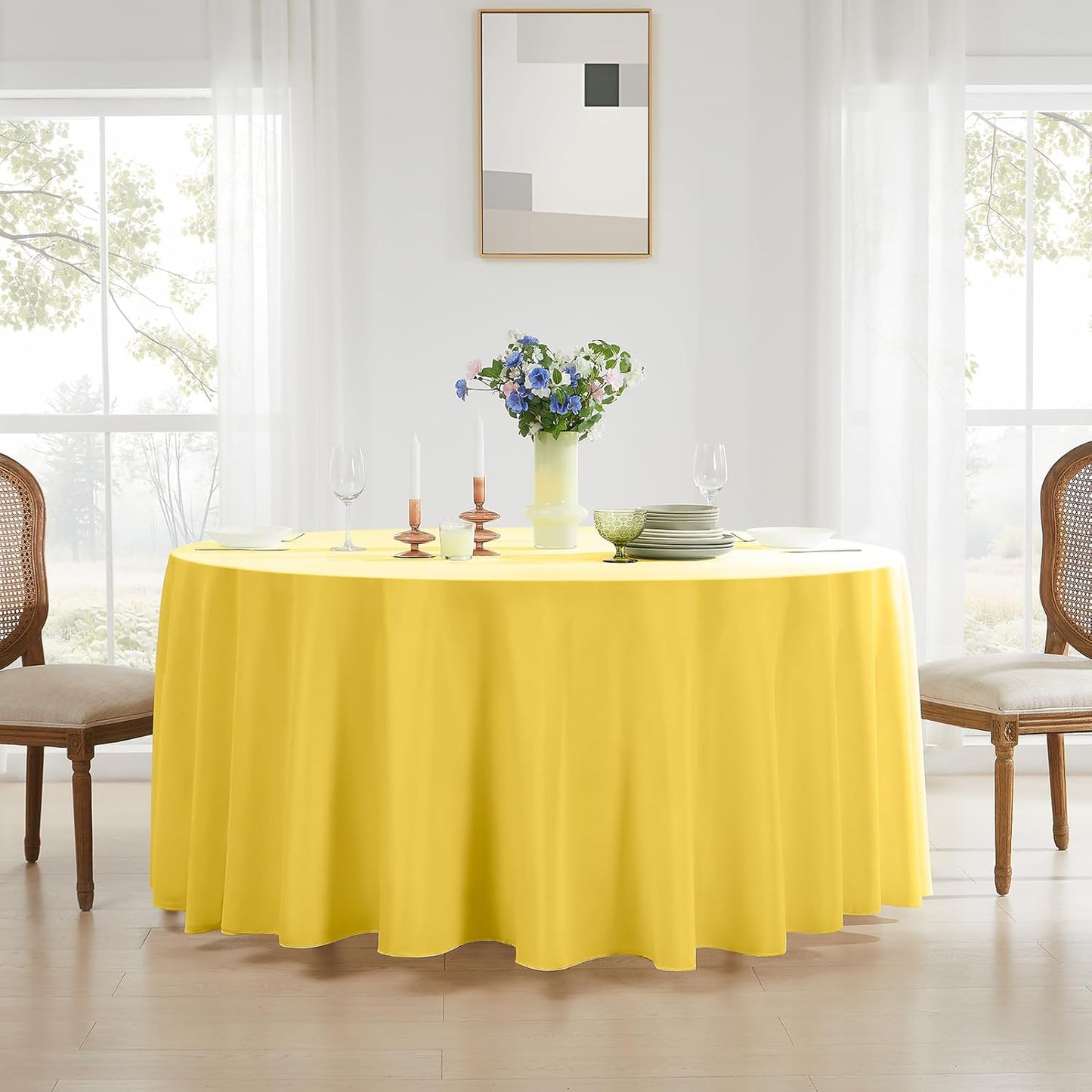 Round Tablecloth 132 Inch 2 Pack Yellow Tablecloths Washable Decorative Linen Polyester Table Clothes Cover for Dining Table Banquets Buffet Parties and Wedding