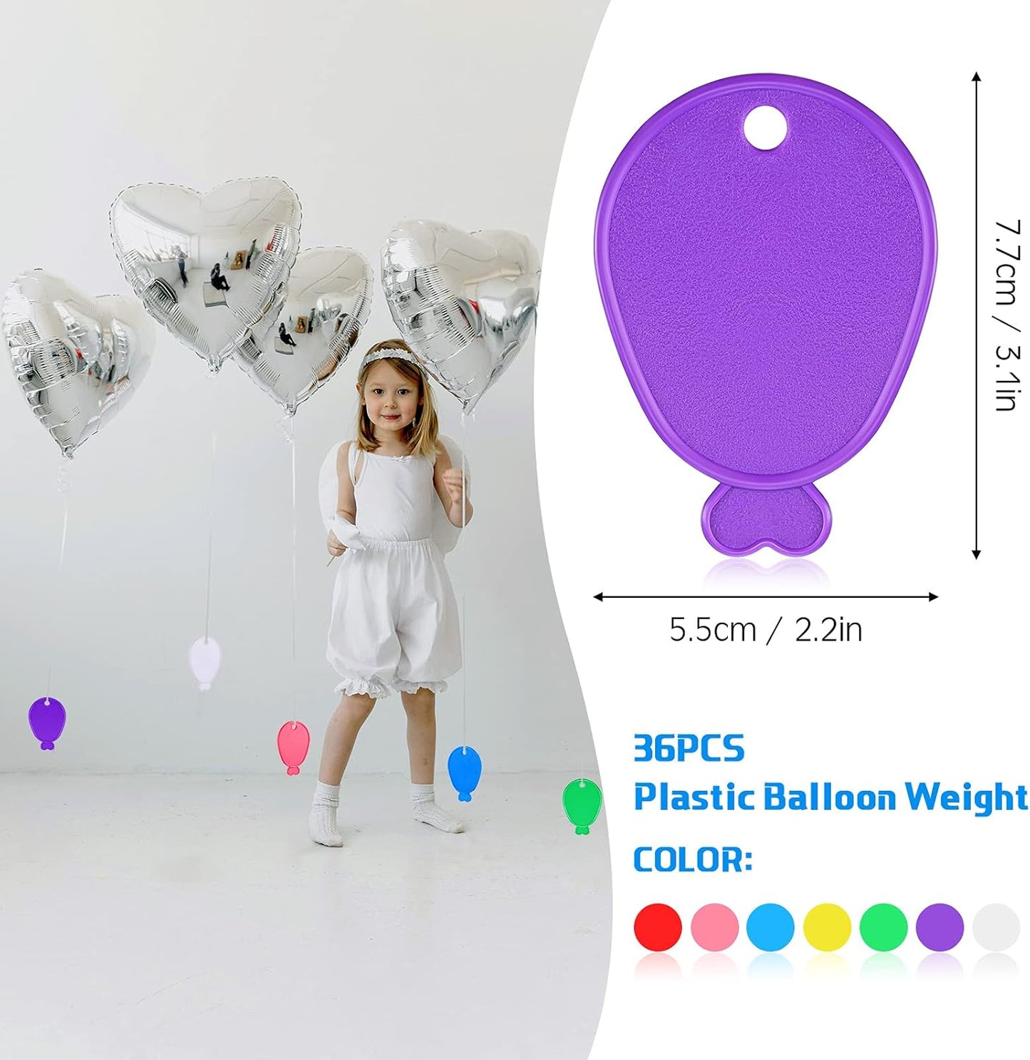 Aoriher 36 Pcs Colorful Plastic Balloon Weights Balloon Shaped Weights for Birthdays Weddings Party Holiday Celebration Decoration Supplies, White Purple Red Green Yellow Blue Pink