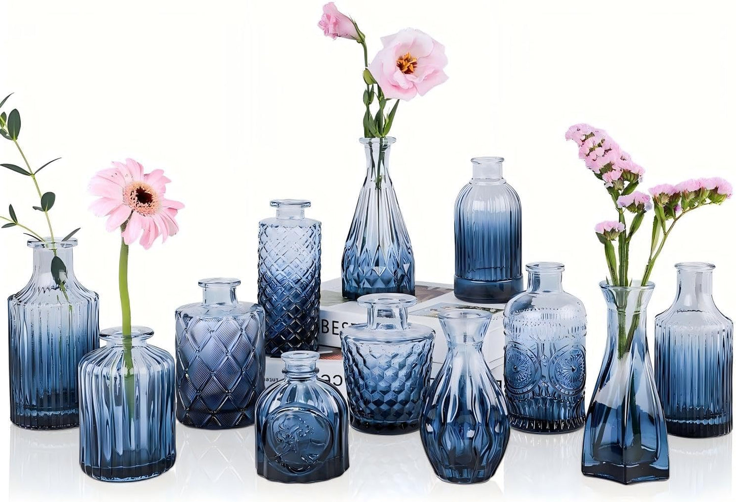 Navy Blue Glass Bud Vases Set of 12, Mini Flower Vase for Centerpieces, Small Glass Vases in Bulk for Wedding Decorations, Vintage Vase Bridal Shower, Party, Graduation, Home Table Décor