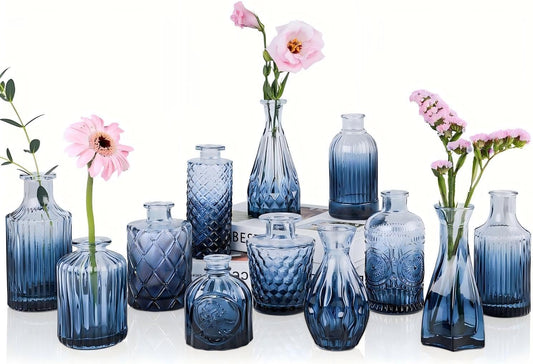 Navy Blue Glass Bud Vases Set of 12, Mini Flower Vase for Centerpieces, Small Glass Vases in Bulk for Wedding Decorations, Vintage Vase Bridal Shower, Party, Graduation, Home Table Décor