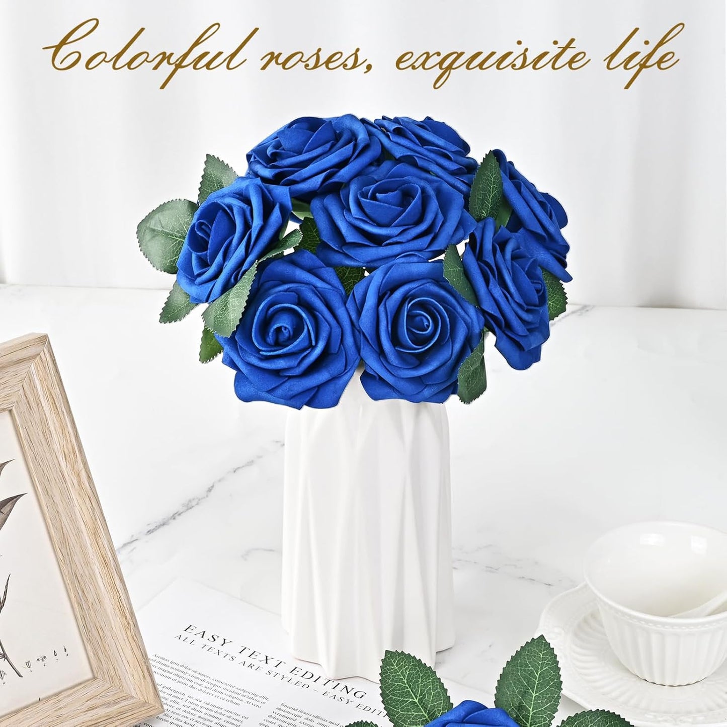 BLEUM CADE 36Pcs Artificial Flowers Fake Roses with Stems, Royal Blue Boxed Foam Roses for DIY Bouquets Centerpieces Wedding Party Arrangement Bridal Shower Decor