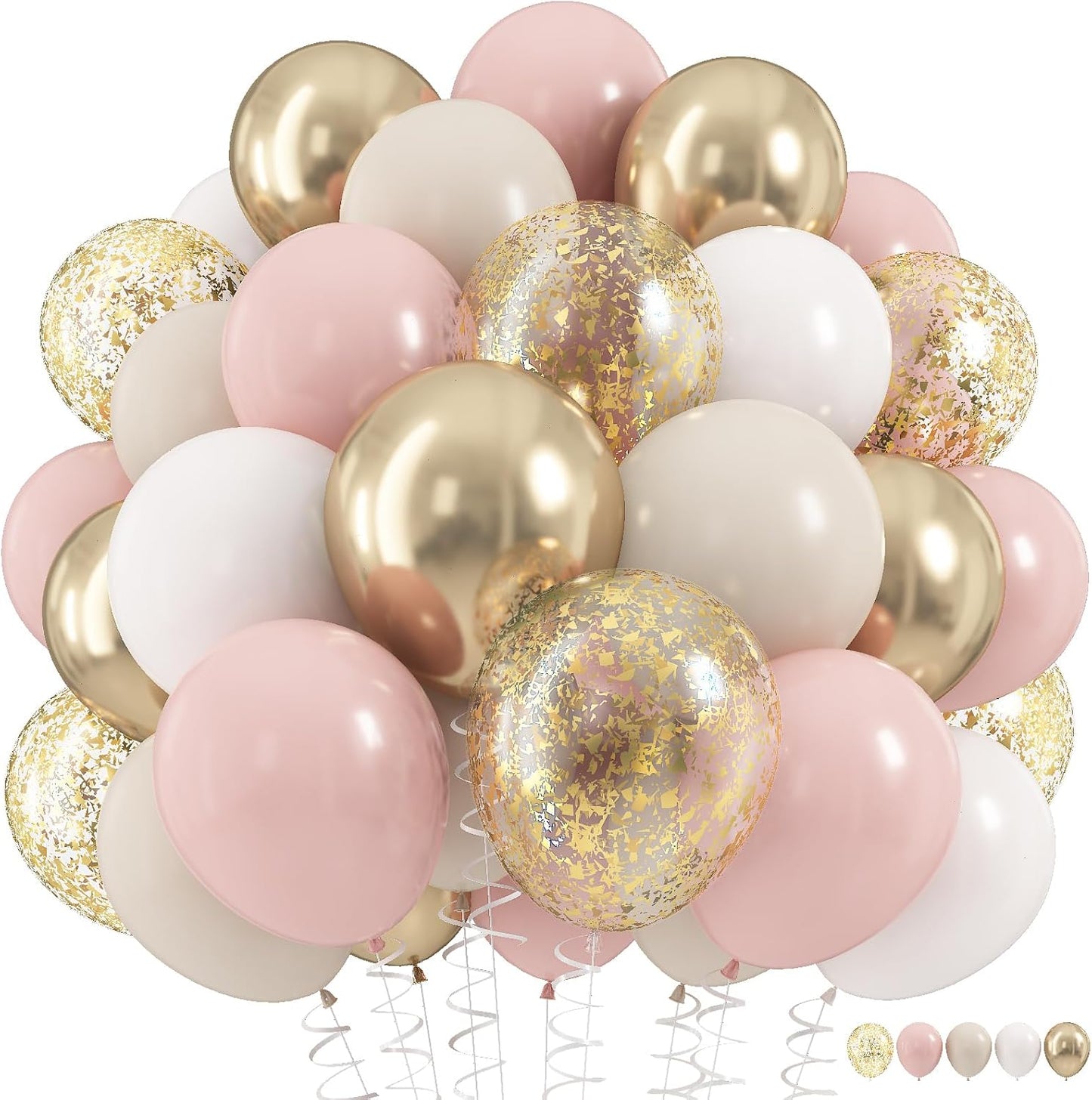 Dusty Pink and Gold Balloons Set, 60Pcs 12 Inch Retro Blush Pink White Sand Beige Metallic Gold Latex Balloon with Gold Confetti Boho Balloon for Birthday Baby Bridal Shower Wedding Party Decorations