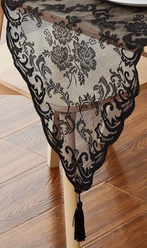 LinenZone Black Table Runner with 2 Tassels for Rustic Vintage Decor. Lace Table Runner Works Great As Wedding, Thanksgiving Or Christmas Decor. (Mia 14 x 96, Black)