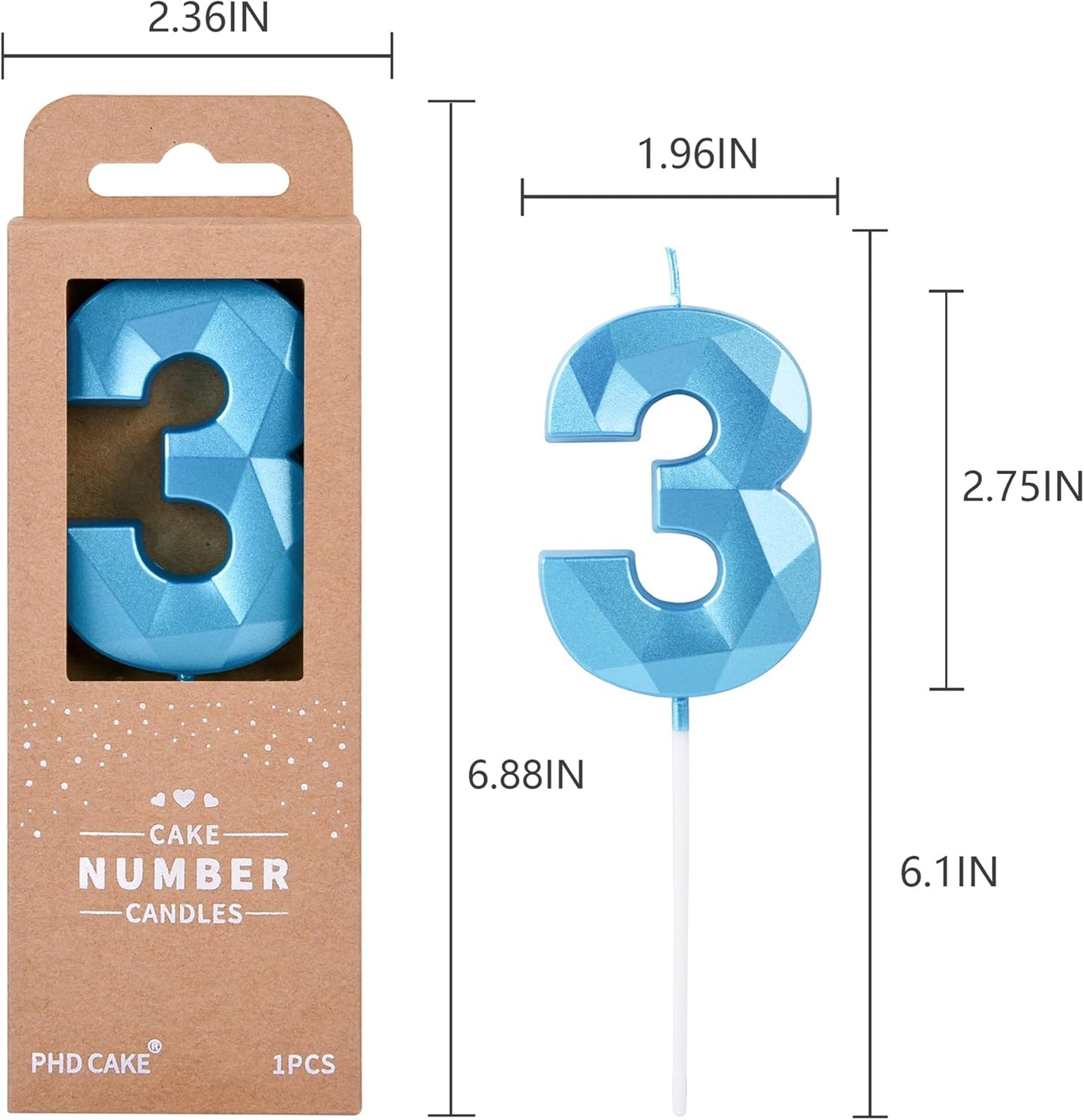 PHD CAKE 2.76 Inch Crystal Blue 3 Number Birthday Candles, Blue Number Candles, Cake Number Candles, Party Celebration