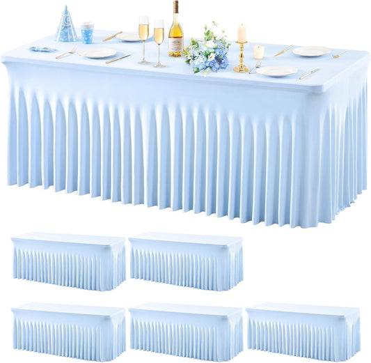 Wish Care 6 Pack Baby Blue Spandex Table Clothes for 8 Foot Rectangle Tables, 8FT Wrinkle Free Fitted Tablecloths Ruffles Design Table Cover for Party, Banquet, Wedding and Events