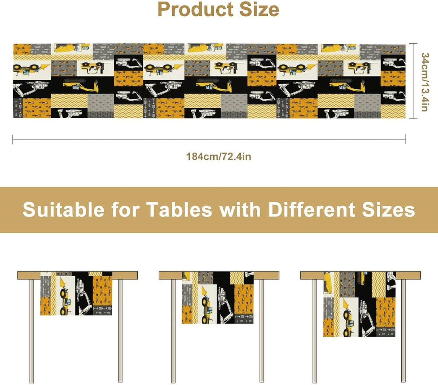 Excavator Table Runner,Boys Kids Construction Vehicles Equipment Trucks Cartoon Car Tablecloth Burlap for Hotel Indoors Outdoor Dining Room Kitchen Holiday Party, 13x90in