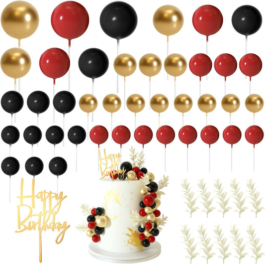 MIAHART Ball Cake Toppers Boho Grass Cake Topper Ball Cake Insert Decoration for Birthday Wedding Baby Shower Party Decorations Boho Themed Party Supplies (Red,black,gold)