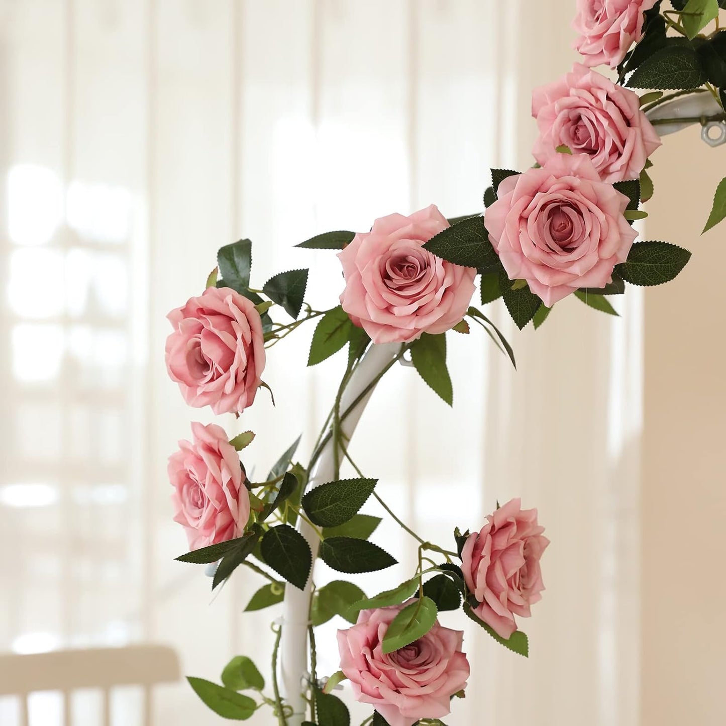 2 Strands 73'' Artificial Silk Rose Flower Vines Garland, Fake Pink Roses Floral Green Leaves Hanging Plant for Wedding Arrangement Decoration, Wall, Party, Bedroom, Home Decor (Pink)