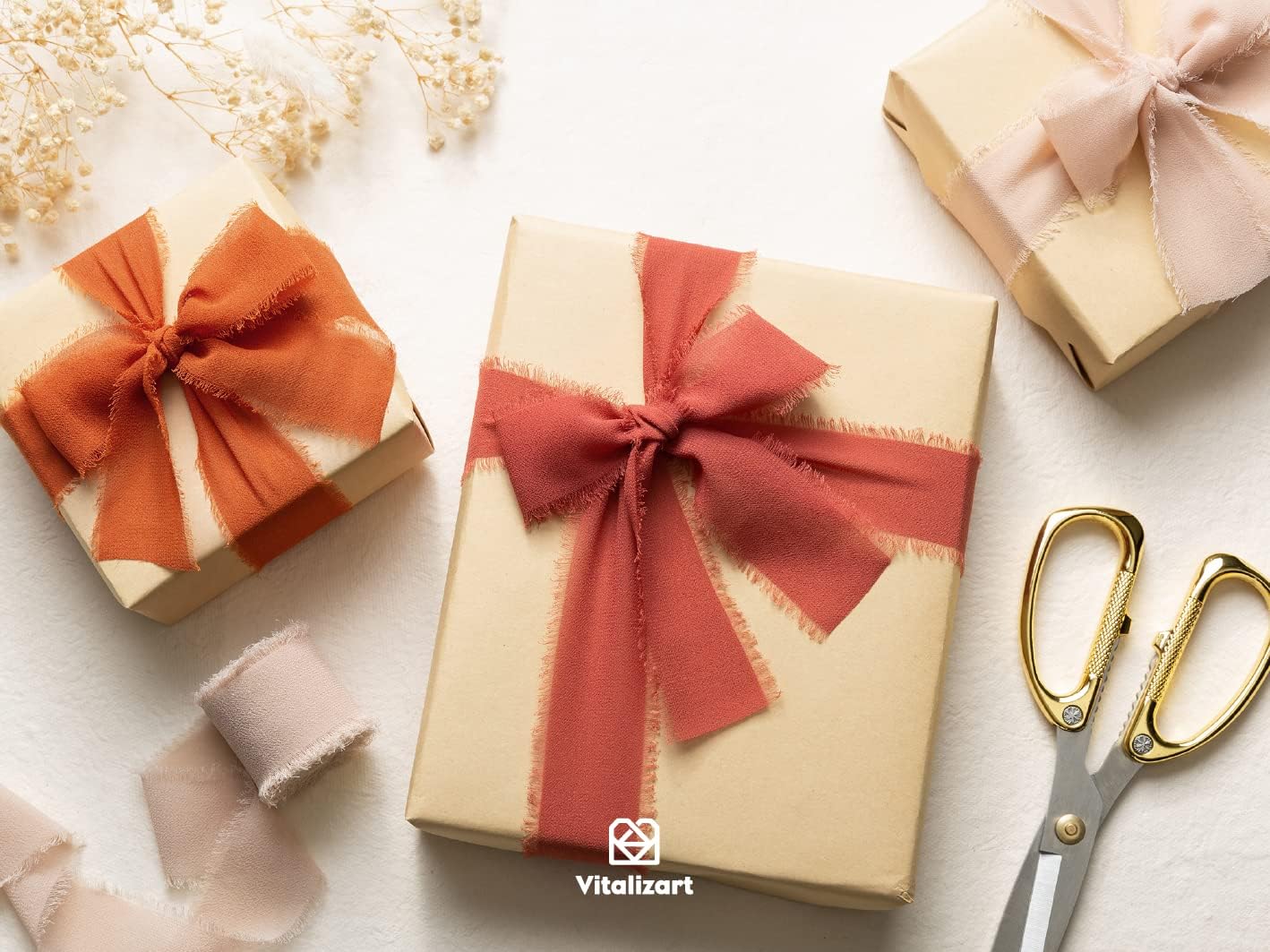 Vitalizart Fall Handmade Chiffon Silk Ribbon Fringe 1.5" x 21 Yd Terracotta Frayed Edges Ribbons for Wedding Invitations Bridal Bouquets Gifts Wrapping Crafts Holiday Party Decorations