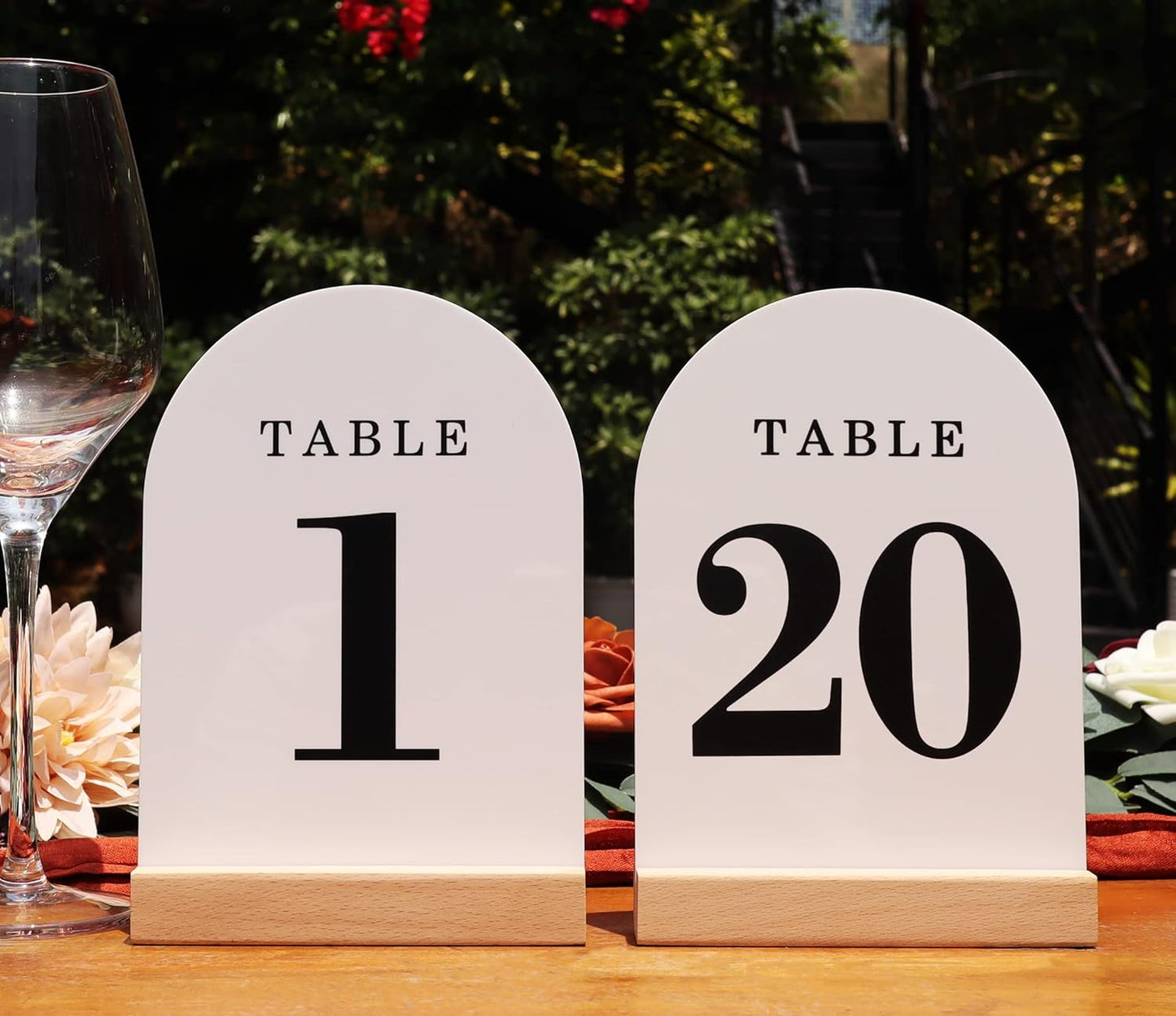 Wedding Table Numbers 1-20, Acrylic Arch Signs with Natural Wood Stands Holders, Rustic Table Decor for Reception & Parties (White Black)