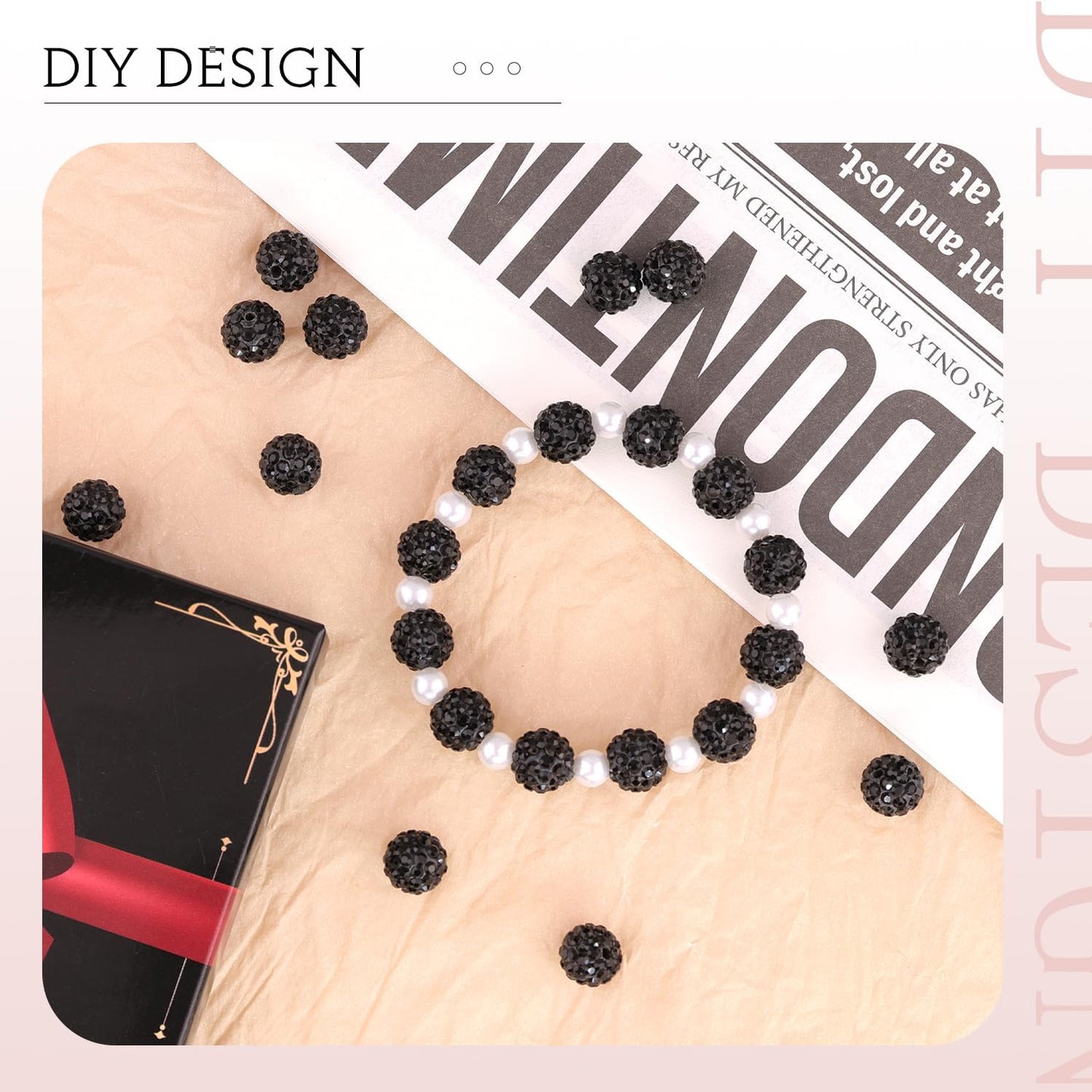 150 pcs 10mm Rhinestone Beads for Jewelry Making, Black Shiny Round Shamballa Disco Beads Bulk, Sparkle Crystal Clay Christmas for Bracelet Baseball Necklace Earring Crafting and DIY