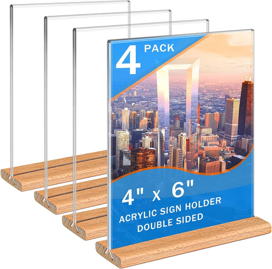 Kersally Acrylic Sign Holder 4 x 6, 4 Pack Double-Sided Clear Table Display Stands with Wood Base,Vertical Acrylic Frame Menu Flyer Paper Holder for Stores, Restaurants, Hotels, Office, Show Fair