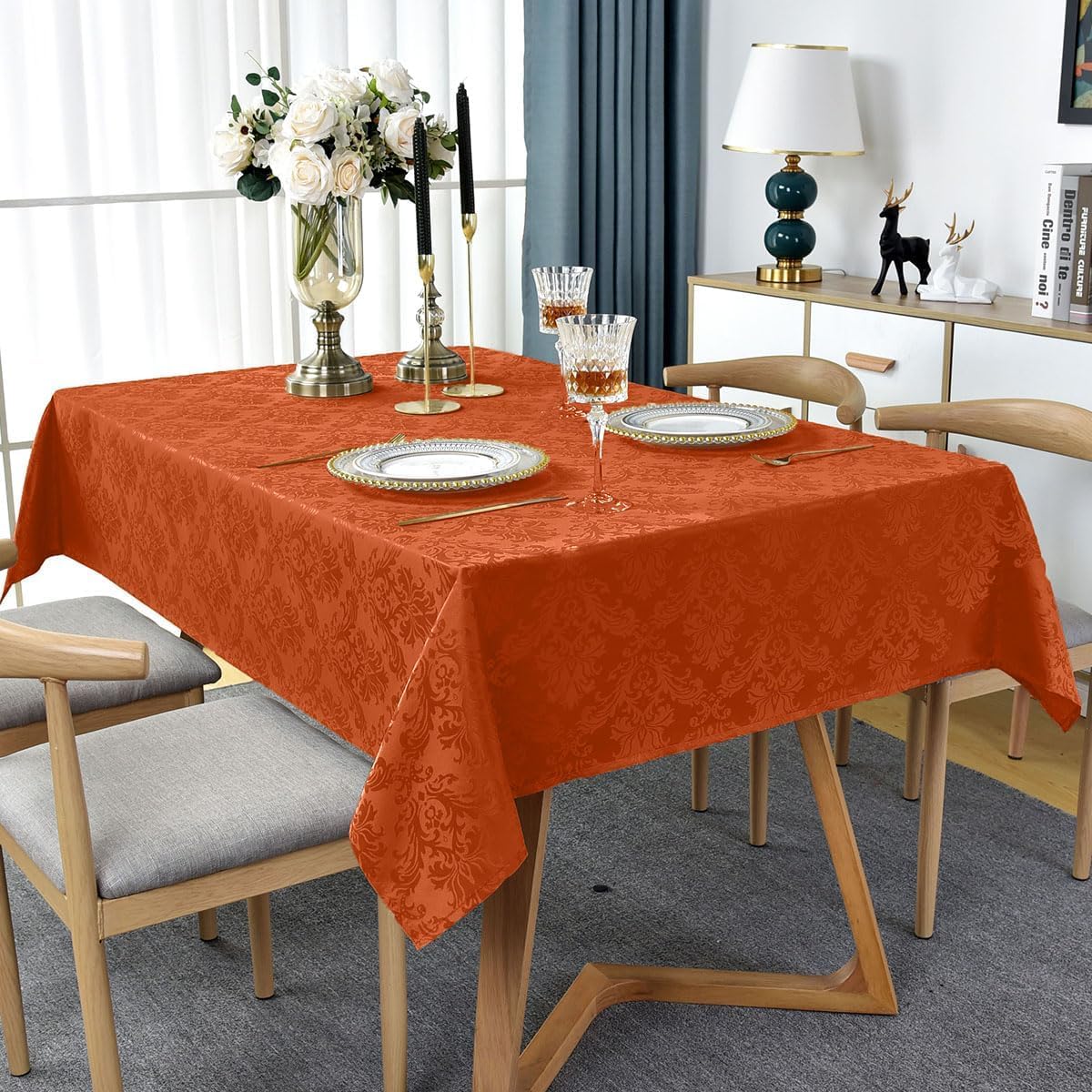 Jacquard Tablecloth Square 52 x 52 inch, Spill Proof Wrinkle Free Damask Autumn Table Cloth, Polyester Table Cover for Fall, Harvest, Thanksgiving, Holiday, Rusty/Orange