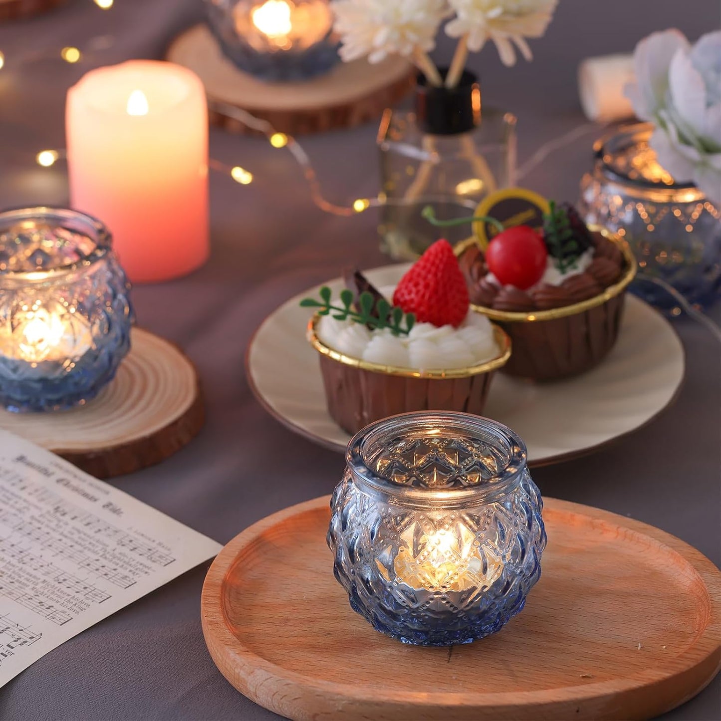 DARJEN 12Pcs Blue Votive Candle Holders - Round Glass Candle Holders Bulk for Tea Light Candle, Diamond Texture Candle Votives for Wedding Centerpiece, Party & Home Decor