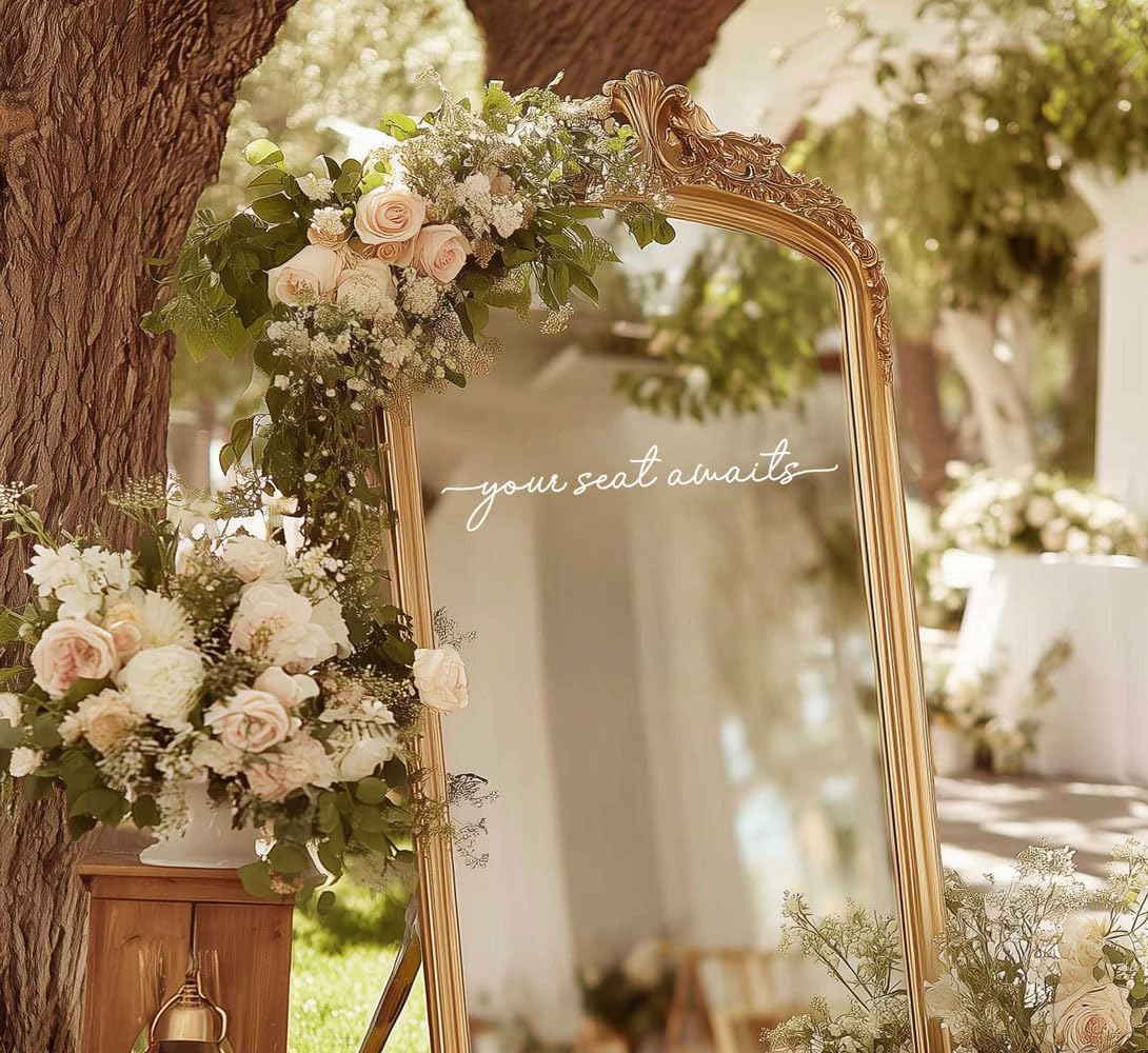 Your Seat Awaits Vinyl Decal, Wedding Seating Sticker, Mirror Decal for Seating, Please Find Your Seat Signs, Wedding Decor Sign (White, Width 17")