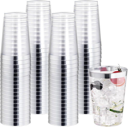 I00000 50 Pack 12 oz Silver Rimmed Disposable Cups, Heavy Duty Plastic Tumblers for Party