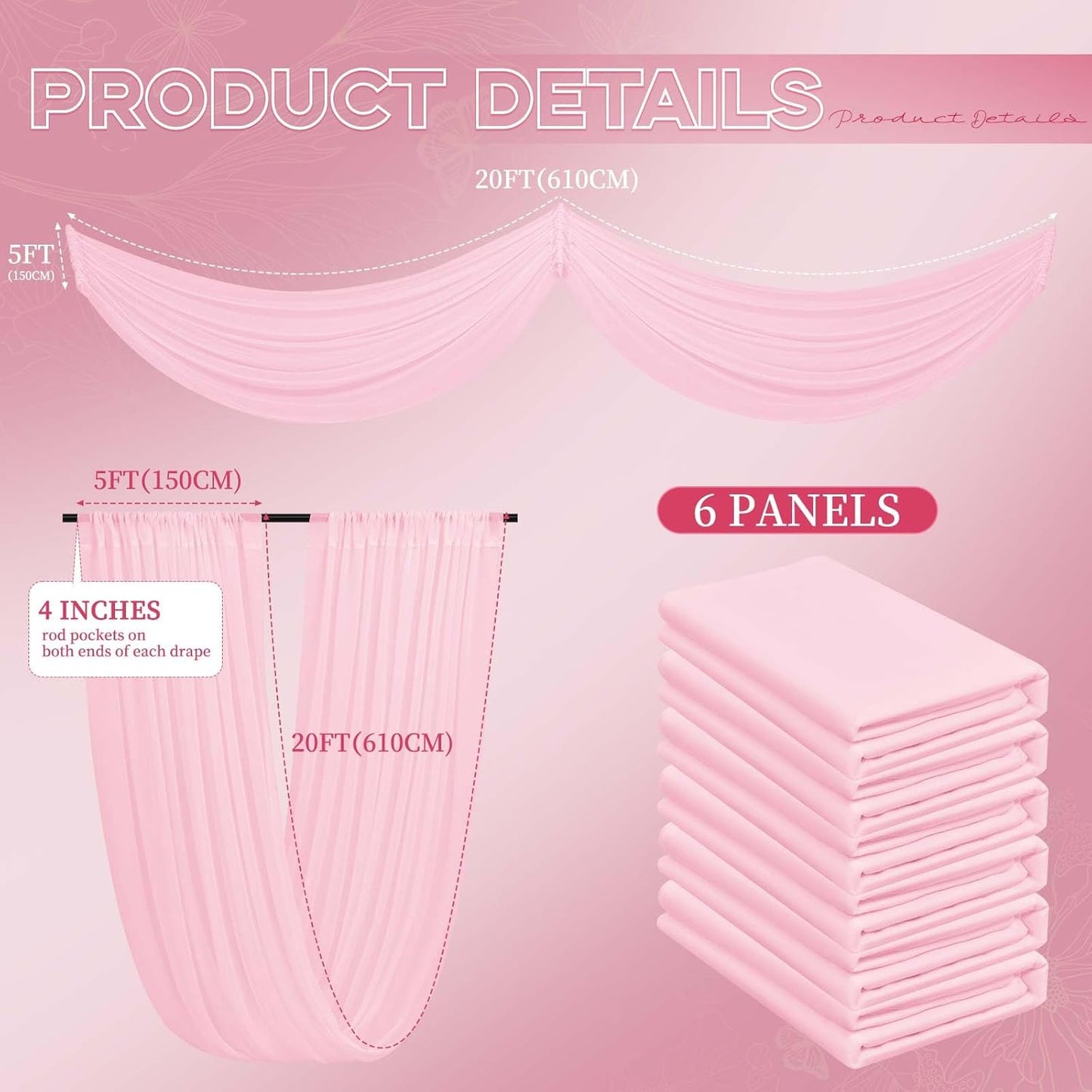 6 Panels Pink Ceiling Drapes for Wedding 5ftx20ft Ceiling Drapes Wedding Arch Draping Fabric Cheesecloth Sheer Curtain Romantic Ceiling Decorations for Weddings Party Banquet Ceremony Stage