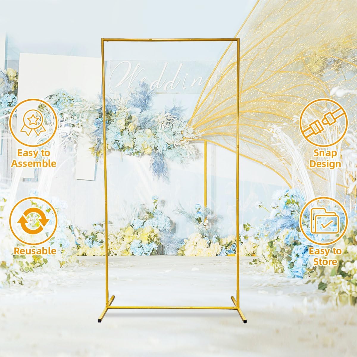 Wedding Square Balloon Arch Stand, Gold Backdrop Stand 6.6 x 3.3 FT Metal Party Frame for Wedding Ceremony Bridal Archway Birthday Party Decoration Harfirbe