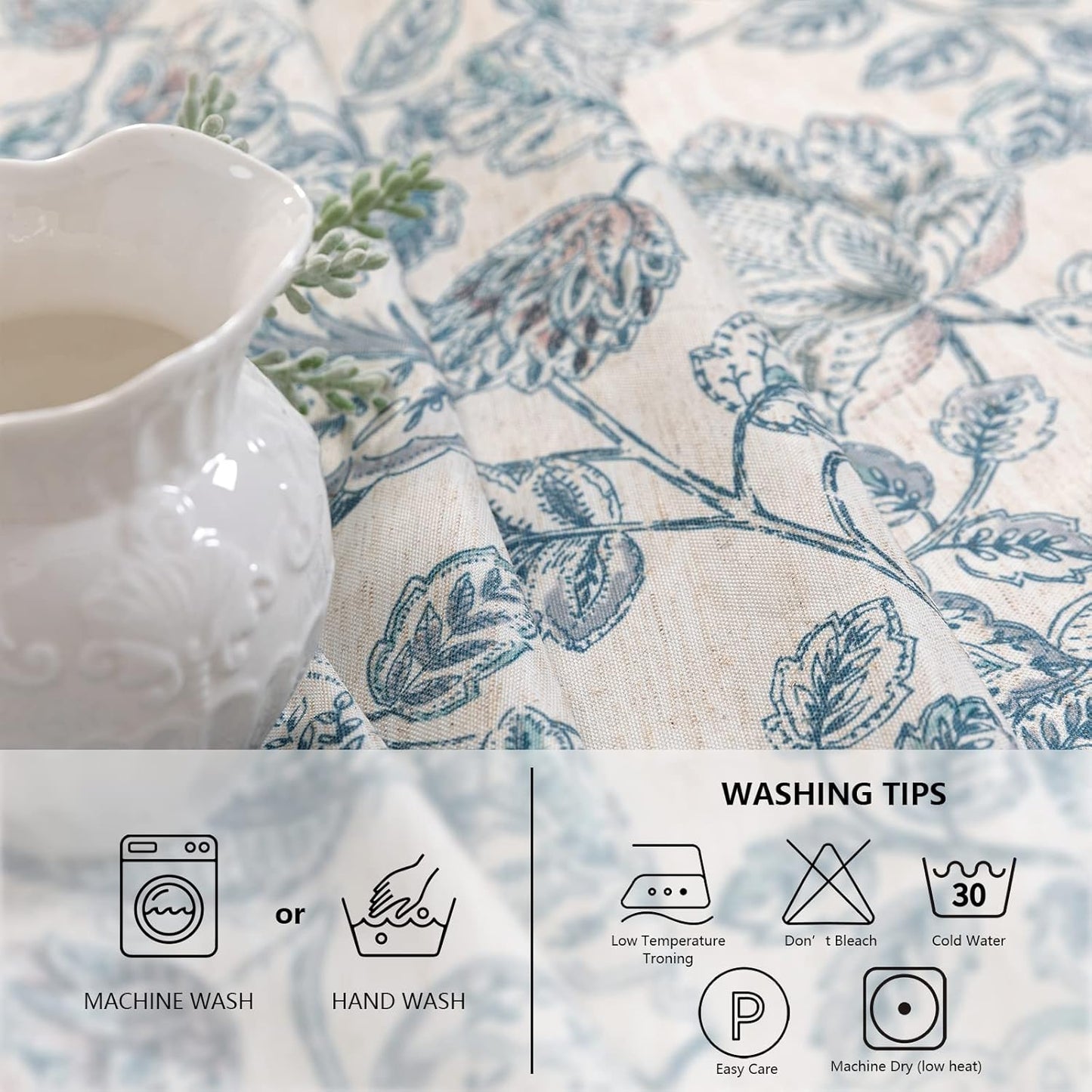 MYSKY HOME 60x120 Rectangle Tablecloth Linen Farmhouse Tablecloth Waterproof Decorative Fabric Table Cloth for Indoor&Outdoor, Spring Floral Tablecloth for 8 Feet Table, Blue, Washable