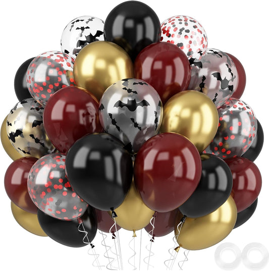 Black Burgundy Balloons, 52 PCS Burgundy Gold Balloons, 12 Inch Red Black Latex Balloon with Confetti Bat Printed Balloon for Kids Party Decorations