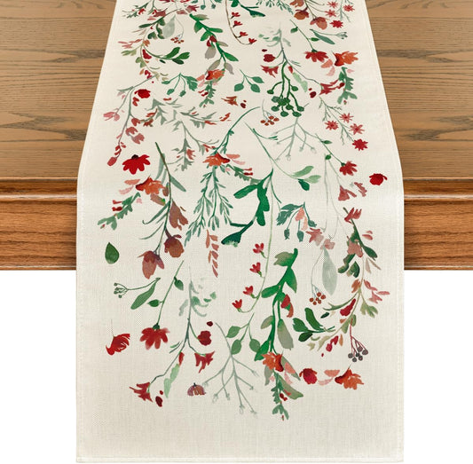 Artoid Mode Floral Leaves Christmas Table Runner, Wild Flowers and Grasses Winter Kitchen Dining Table Decoration for Home Party Decor 13x36 Inch