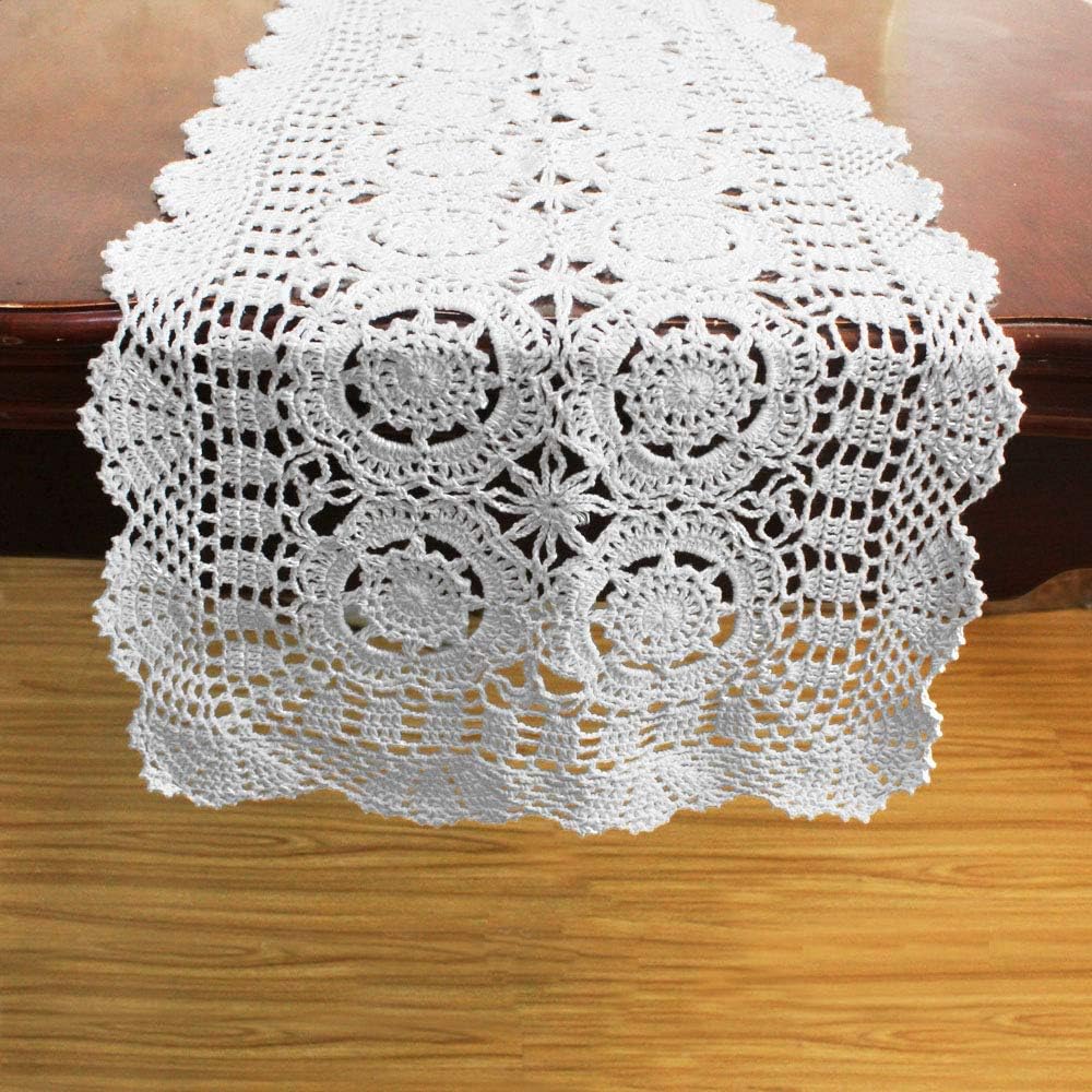 KEPSWET Cotton Handmade Crochet Lace Table Runner White Rectangle Coffee Table Dresser Decor (14x84 inch)