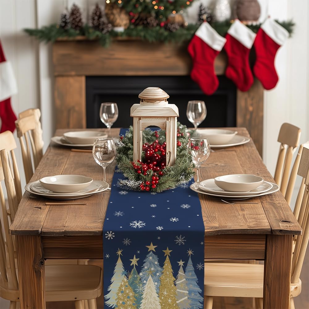 GEEORY Christmas Table Runner 13x90 Inch, Xmas Trees Snowflakes Holiday Decorative Farmhouse Table Decoration for Kitchen Dinning, Indoor Outdoor Dinner Party Decor (Blue) GT151-90