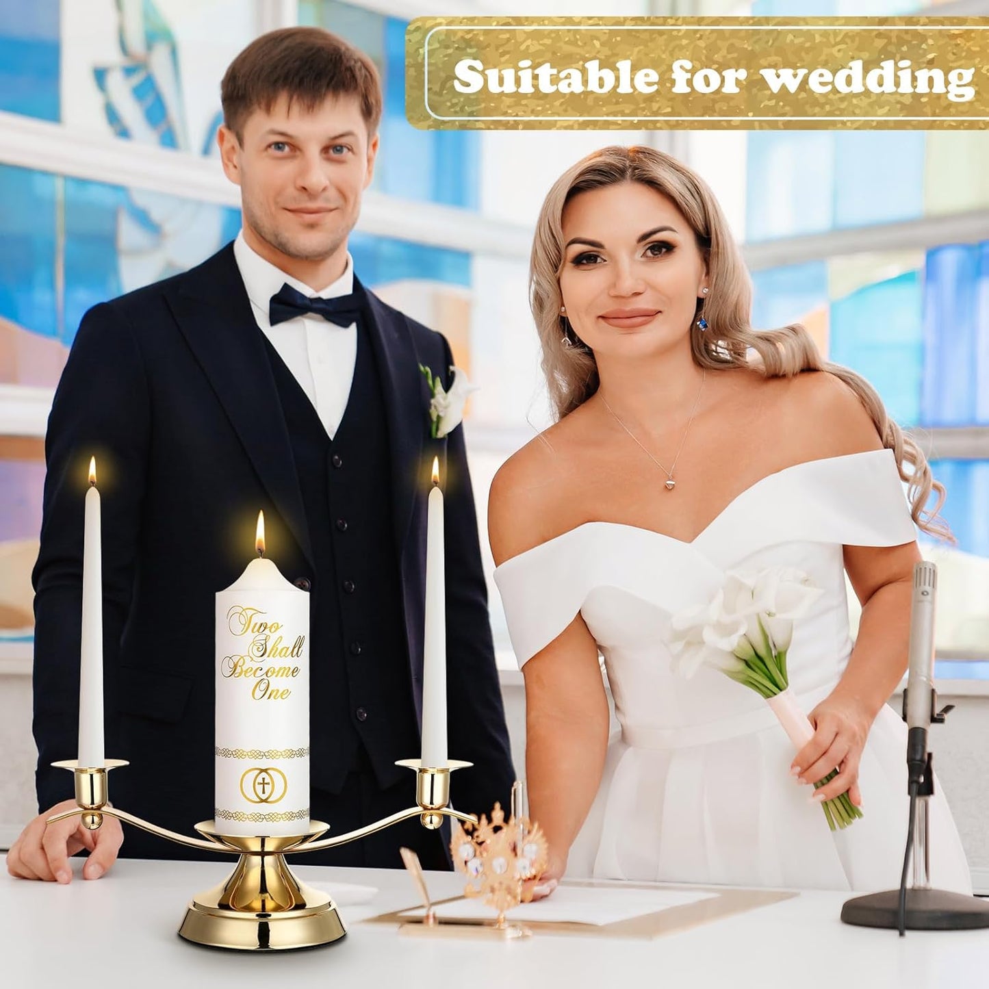 Irenare Unity Candles with Holder for Wedding Ceremony Wedding Decortions Accessories Glass Candle Holder Pillar Candle for Formal Events Church(Elegant)
