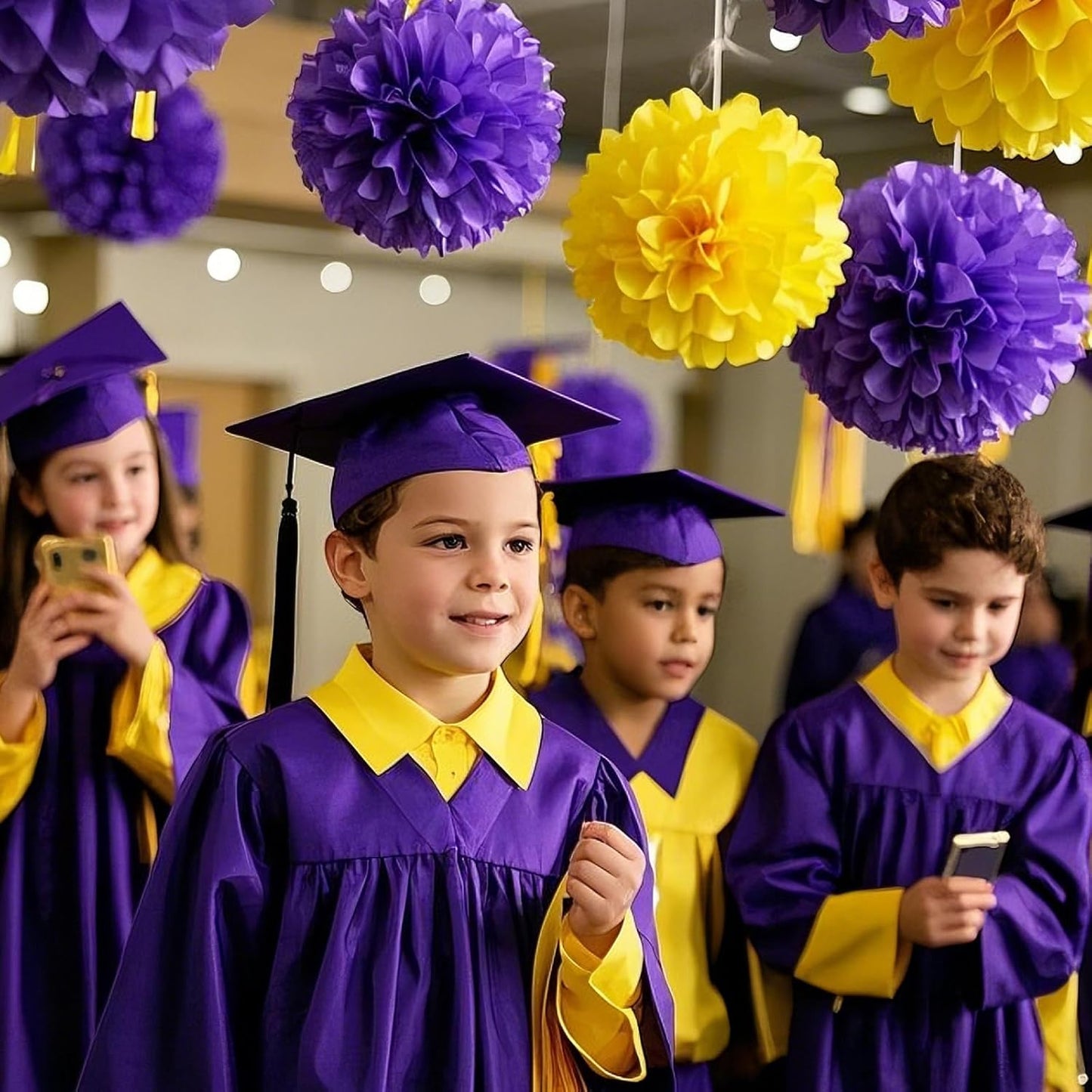 Capesaro Purple Yellow Tissue Paper Pom Poms，12PCS Tissue Paper Flowers for Basketball Sport Theme Party Birthday, Graduation Decorations, Football Party Supplies for Men Boys Adults Sports Theme