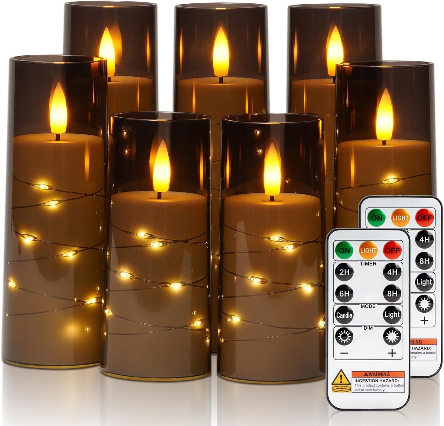 Raycare Flameless Candle with Remote Timer, 7 Flickering Acrylic Battery Operated LED Pillar Candles with Embedded Star String for Halloween, Home Decor, and as a Gift(Grey)