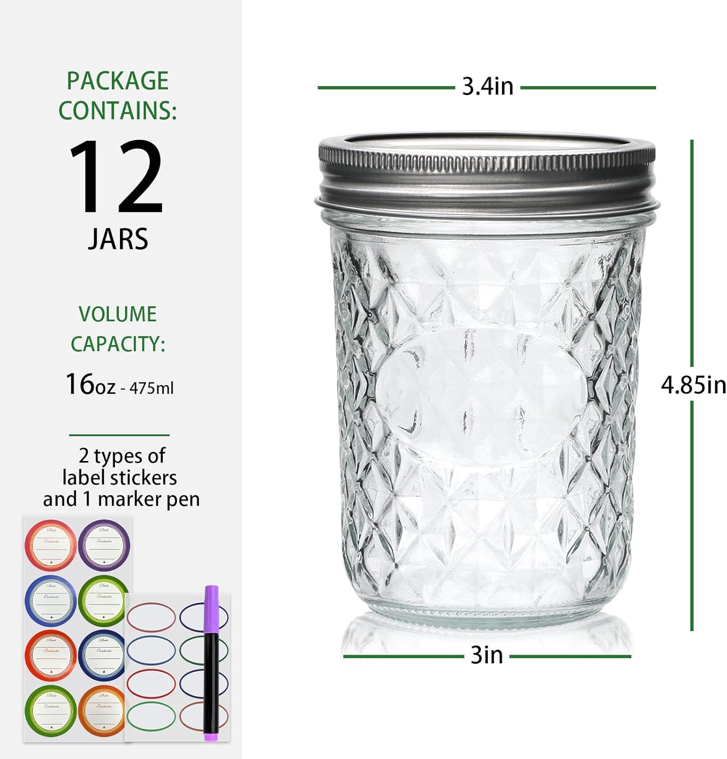 Wide Mouth Mason Jars 12Pack,Mason Jars 16 oz with Lids,Canning Jars with Metal Airtight Lids and Bands,Ideal for Jam, Water,Vegetative,Beans, Candy,Honey, Wedding Favors