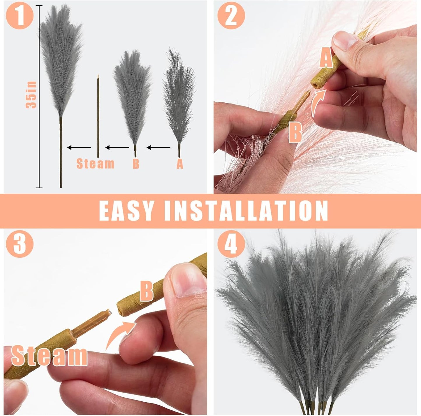 35" Faux Pampas Grass Decor Grey, 8pcs Large Tall Fluffy Artificial Pompous Grass Branches Floral Fake Pompas Grass Bulrush Floor Vase Filler Flower Arrangement for Home Wedding Boho Decor