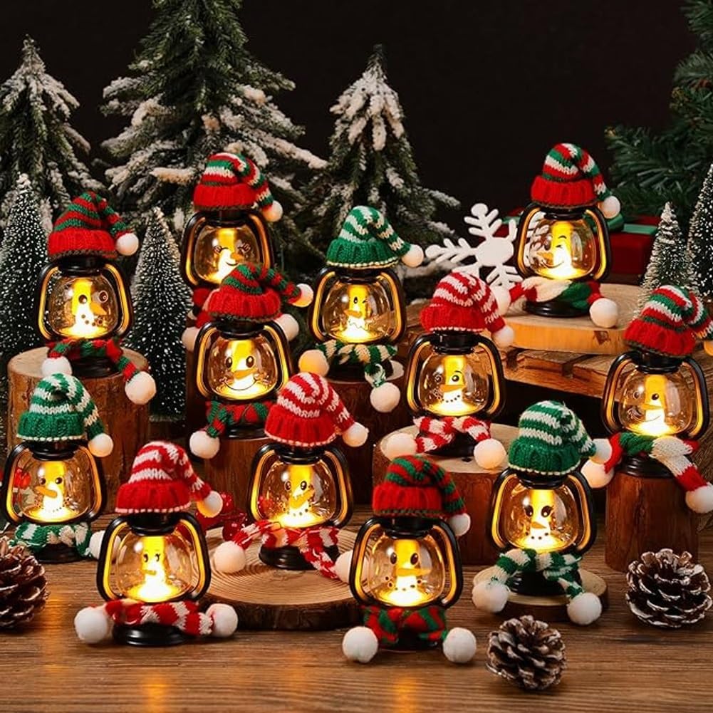 Mini Snowman Lantern with Hats and Scarves, Mini Candle Christmas Snowman Lanterns Decoration, Small Winter Portable Tabletop Centerpiece for Holiday Party Favor(6pcs)