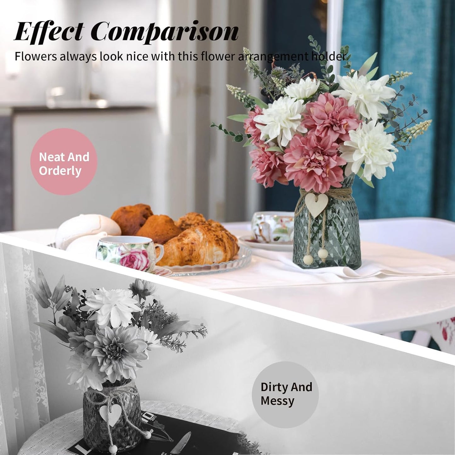 Fake Flowers in Vase,8 Dahlias,Silk Artificial Flowers in Vase,Faux Flowers in Vase with a Flower Arrangement Holder,Centerpiece Table Decorations