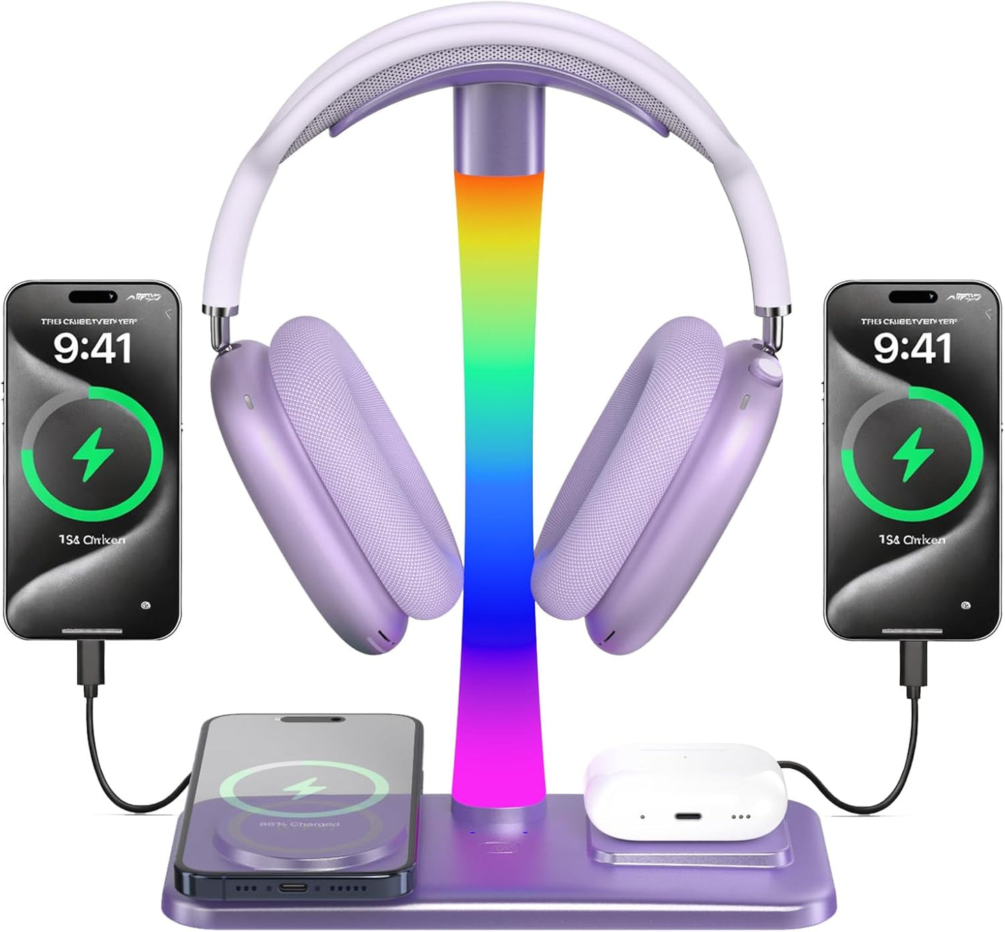 Headphone Stand with Wireless Charger,Gaming Headset Stand with RGB Light Mode,Airpod Max Stander Compatible with Airpod Pro/3/2,iPhone 16/15/14/13/12/11,Gifts for Gamers & Music Lover (Purple)