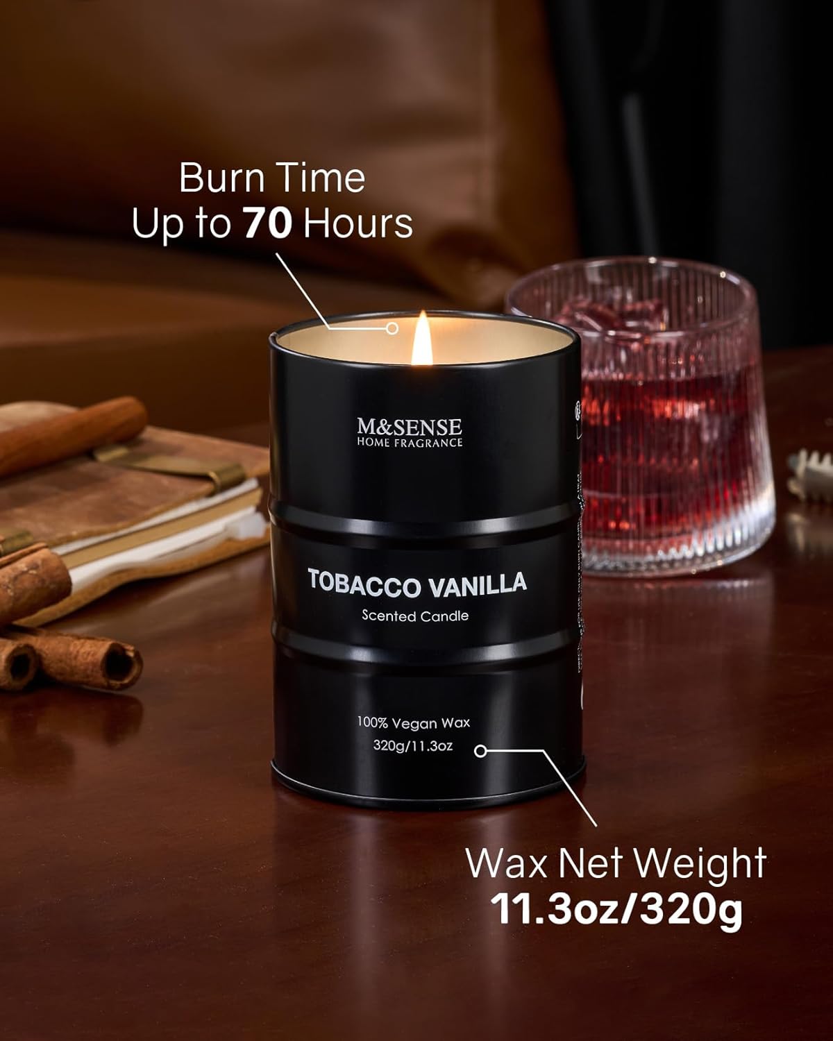 M&SENSE Scented Candle, Tobacco Vanilla Medium Jar Candle Gifts for Men, 70 Hours Slow Burning Natural Soy Candles 11.3oz, Stress Relief Aromatherapy Candles Home Decor, Valentines Day Gifts for Him