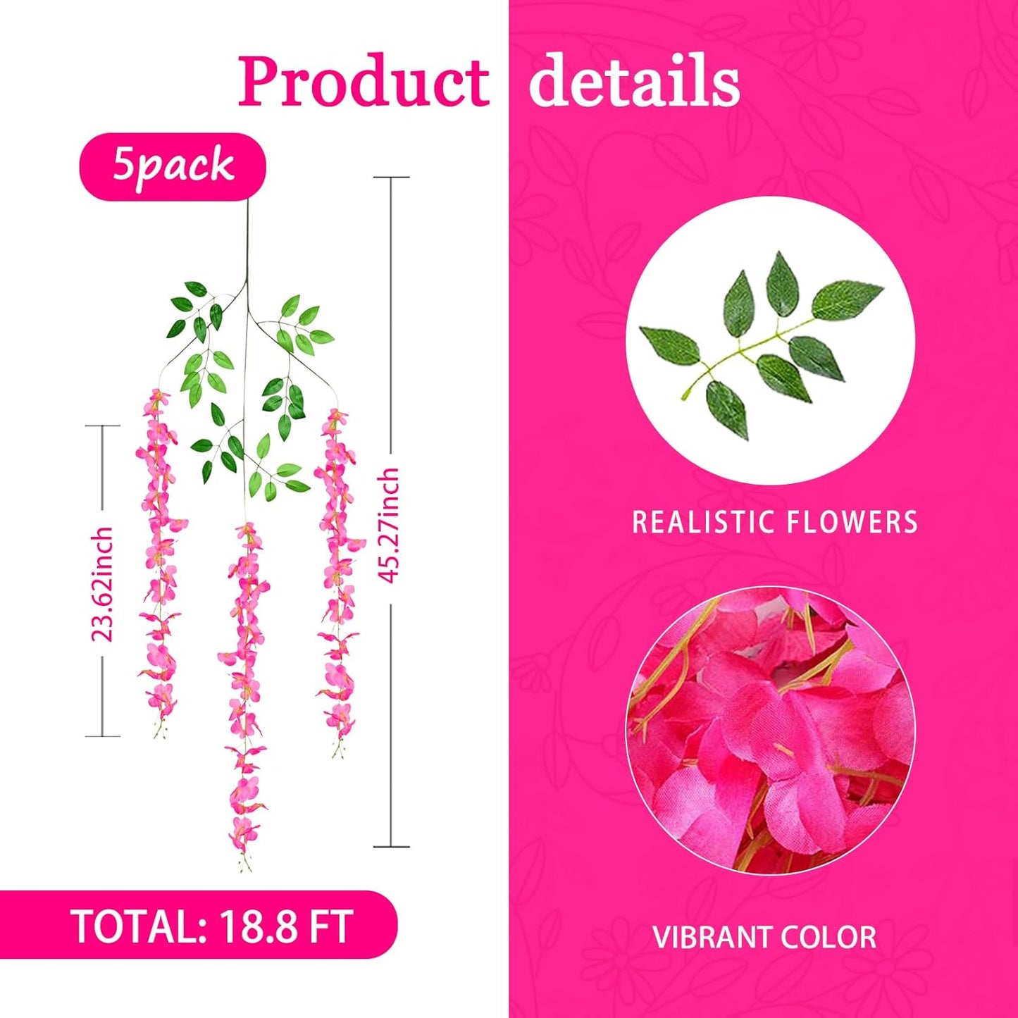5 Pack Fuchsia Wisteria Hanging Flowers Garland, 3.77 Feet Artificial Flower Vines, Fake Wisteria, Artificial Vines Hanging Garland for Backdrop Outdoor Yard Garden Decor