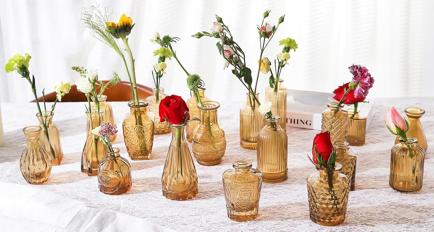 20 Pcs Amber Gold Glass Bud Vases- Set Amber Gold Small Vases for Flowers, Vintage Flower Cute Glass in Bulk for Centerpieces Rustic Decorative Wedding Table Home