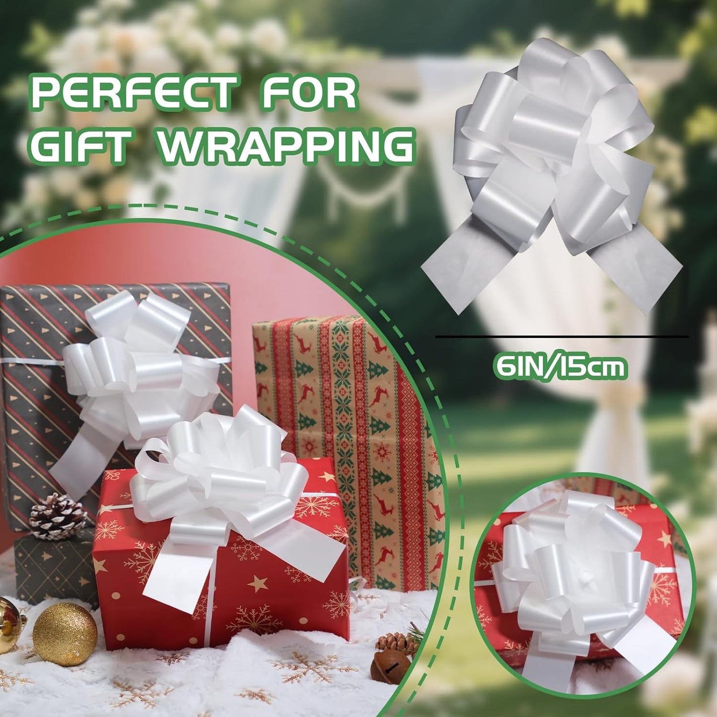 6 Pcs 6 Inch White Pull Bows, Perfect for Gift Wrapping, Gift Wrapping Baskets Wedding Christmas Party Decorations, Crafts – Quality Pull Bows for Gifts and Decorations