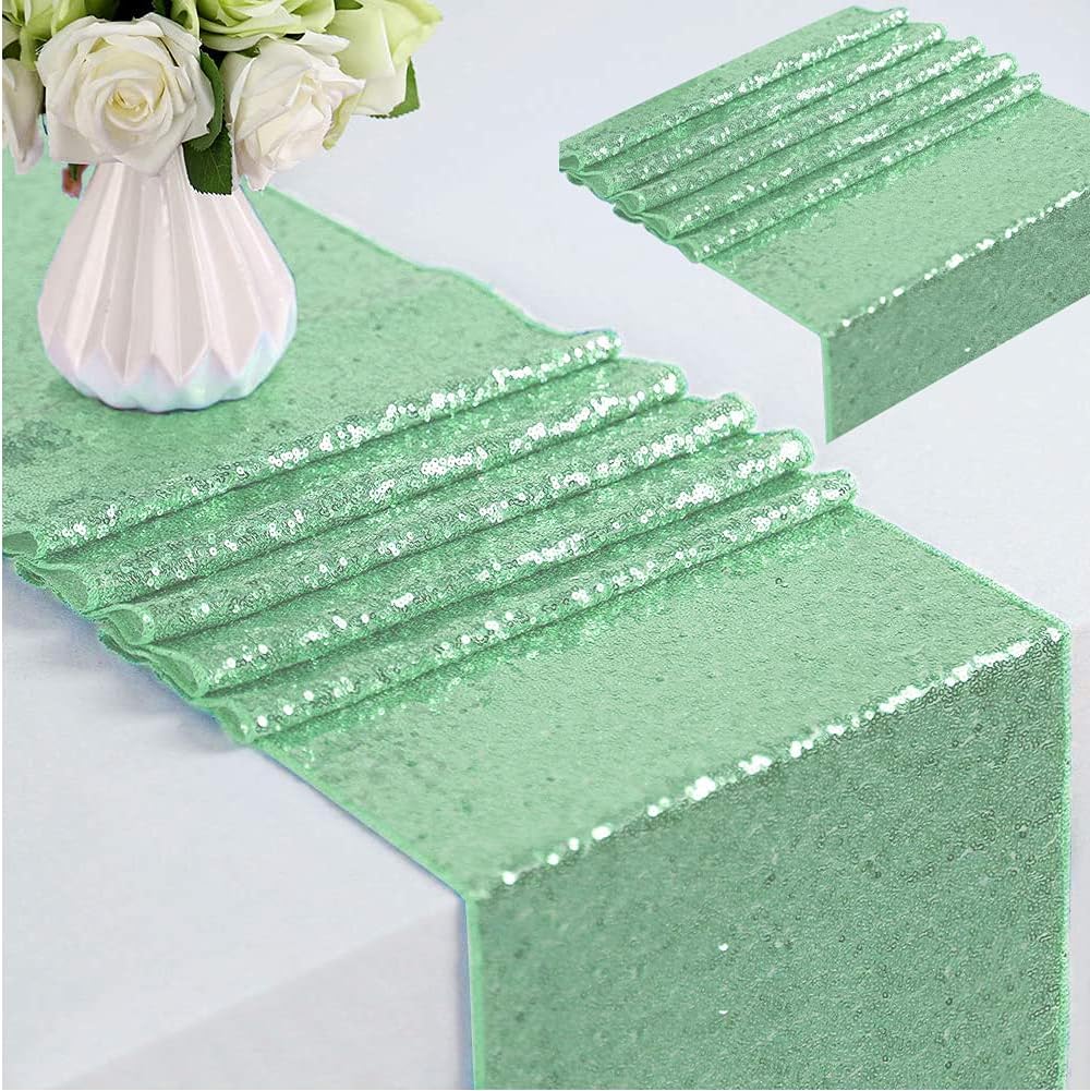 Eternal Beauty Mint Green Table Runner for Wedding, 2PCS-12x108 Sequin Table Runner Decorations for Birthday Parties, Banquets, Graduations,Christmas