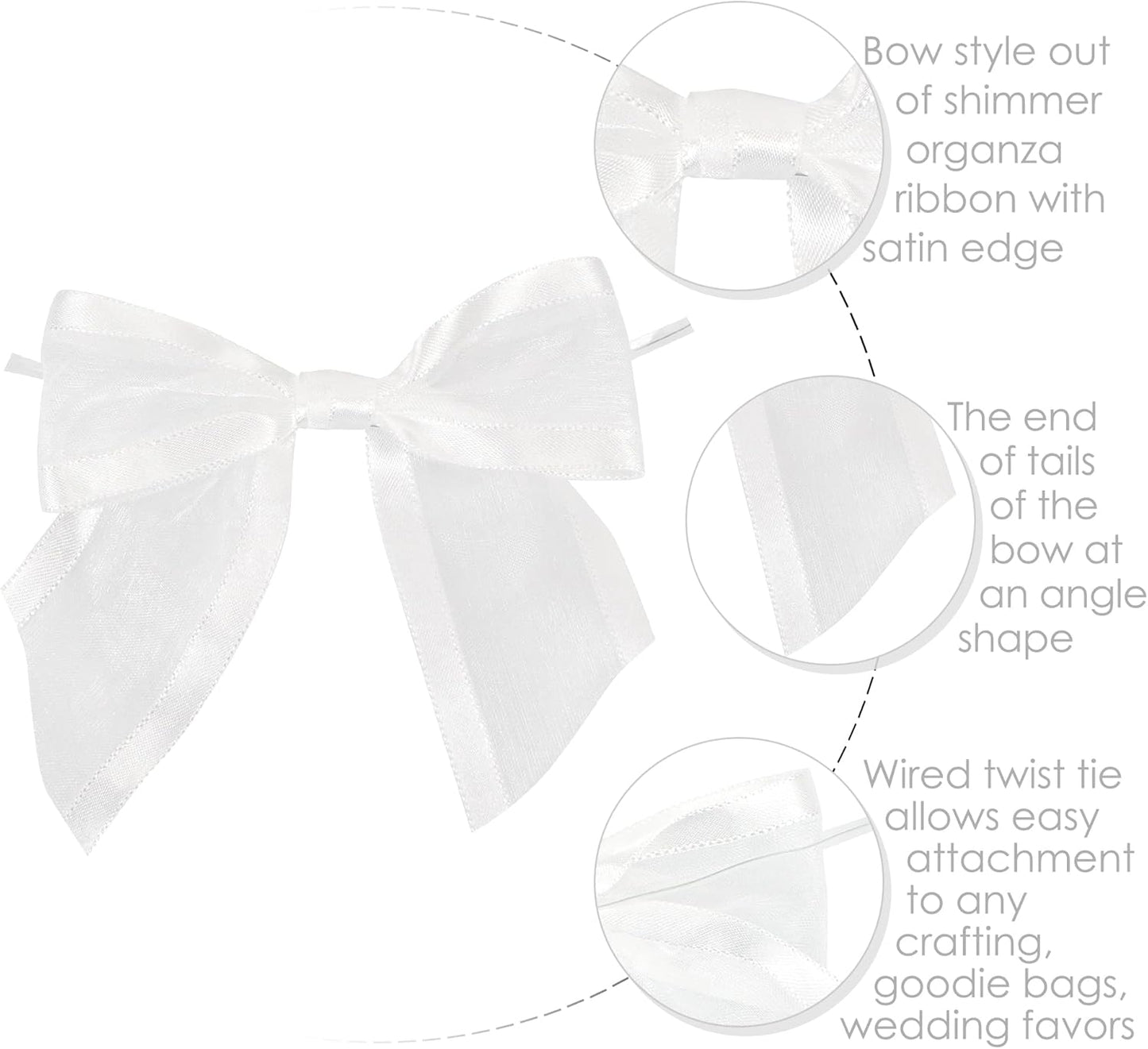 AIMUDI White Bows for Wedding Decor 4" Premade White Christmas Tree Bows Pre Tied White Bows for Crafts Small White Gift Bows Organza Fabric Bows for Treat Bags, Gift Wrapping, Baby Shower -12 Counts
