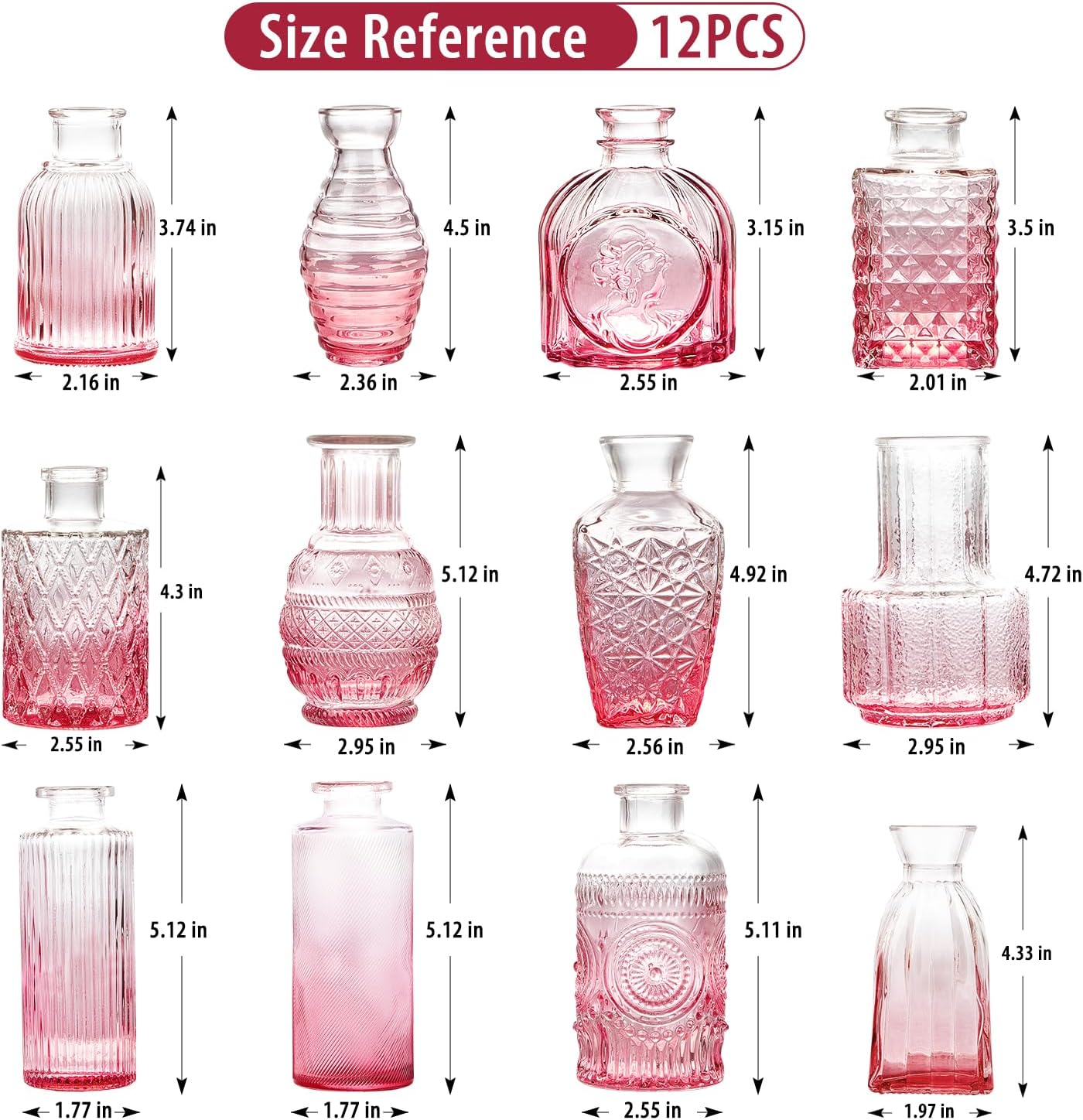 Glass Bud Vase Set of 12,Small Flower Vases in Bulk,Pink Mini Vintage Vase for Home Centerpiece, Parties, Wedding Decoration for Home Centerpiece, Parties, Wedding Decoration(12)